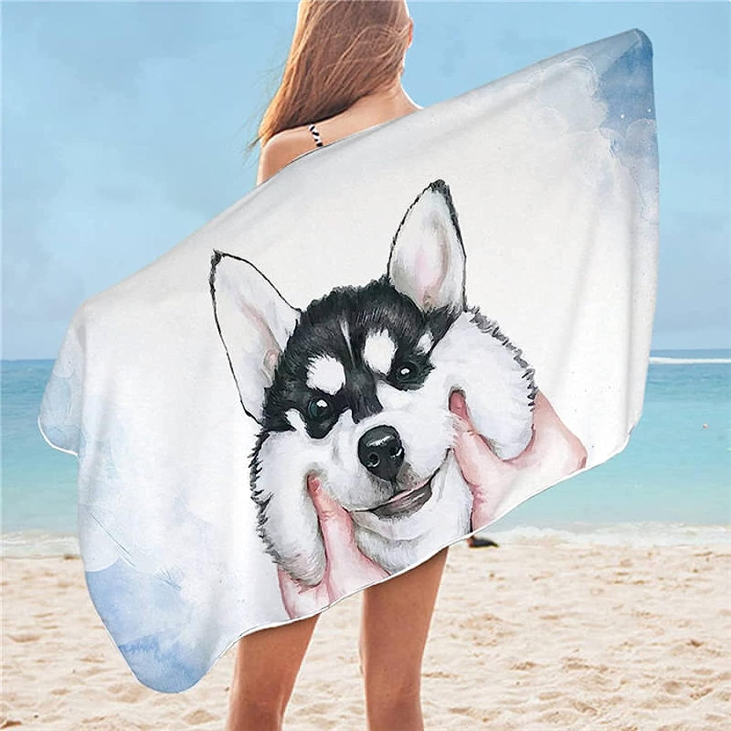 Serviette De Plage Animal Mignon Husky Serviette De Bain Enfant Adulte Drap De Plage Doux Microfibre Absorbant Idéal pour Voyage Plage Piscine Sport Drap De Plage 200 X 200 Cm -6N4J/A3J