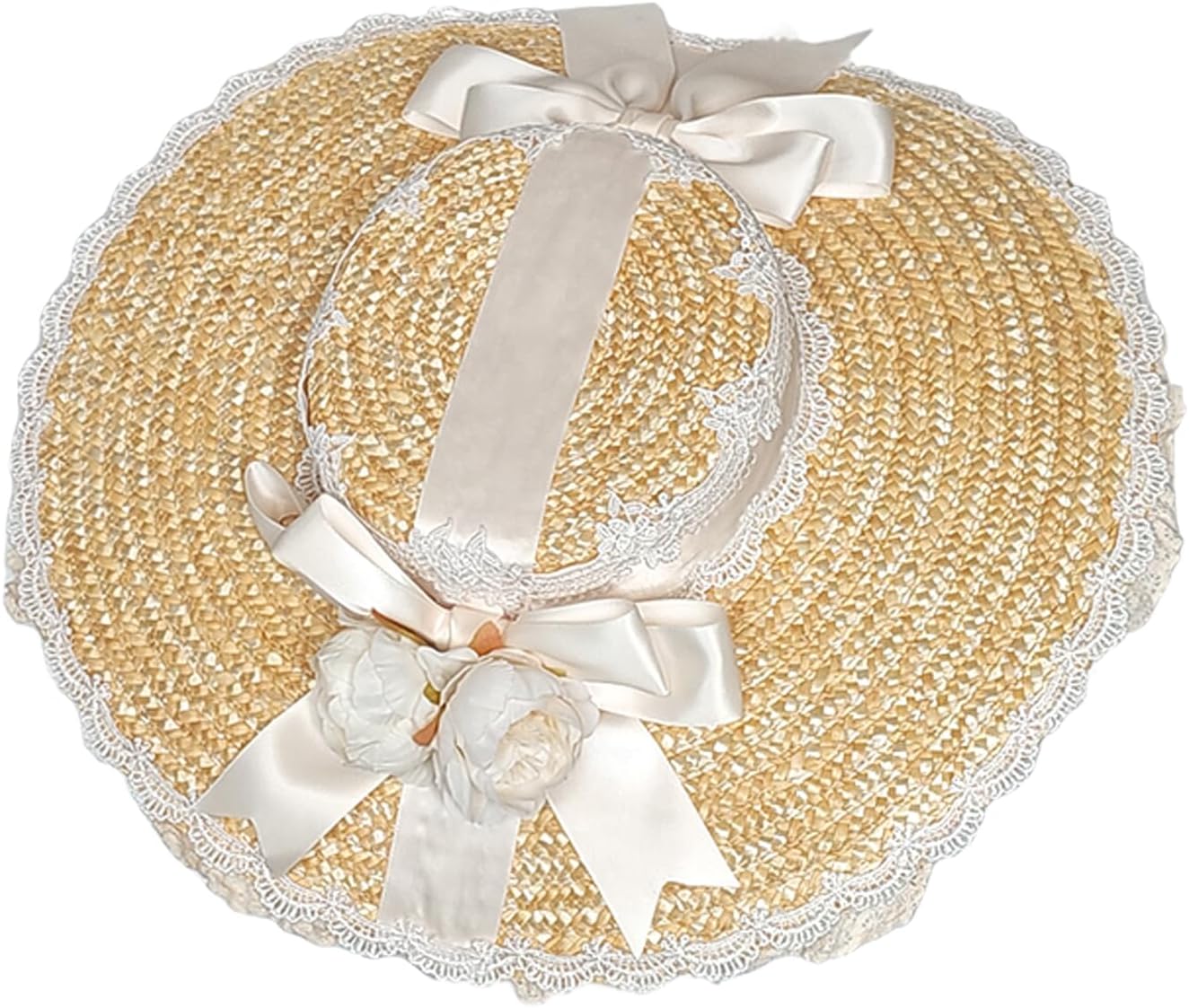 Women Victorian Tea Party Sun Hat, Summer Flat Straw Cap | Lolita Flower Bow Ribbons Wide Brim Sun Protection Lightweight Breathable Bonnet Cap Travel Holiday