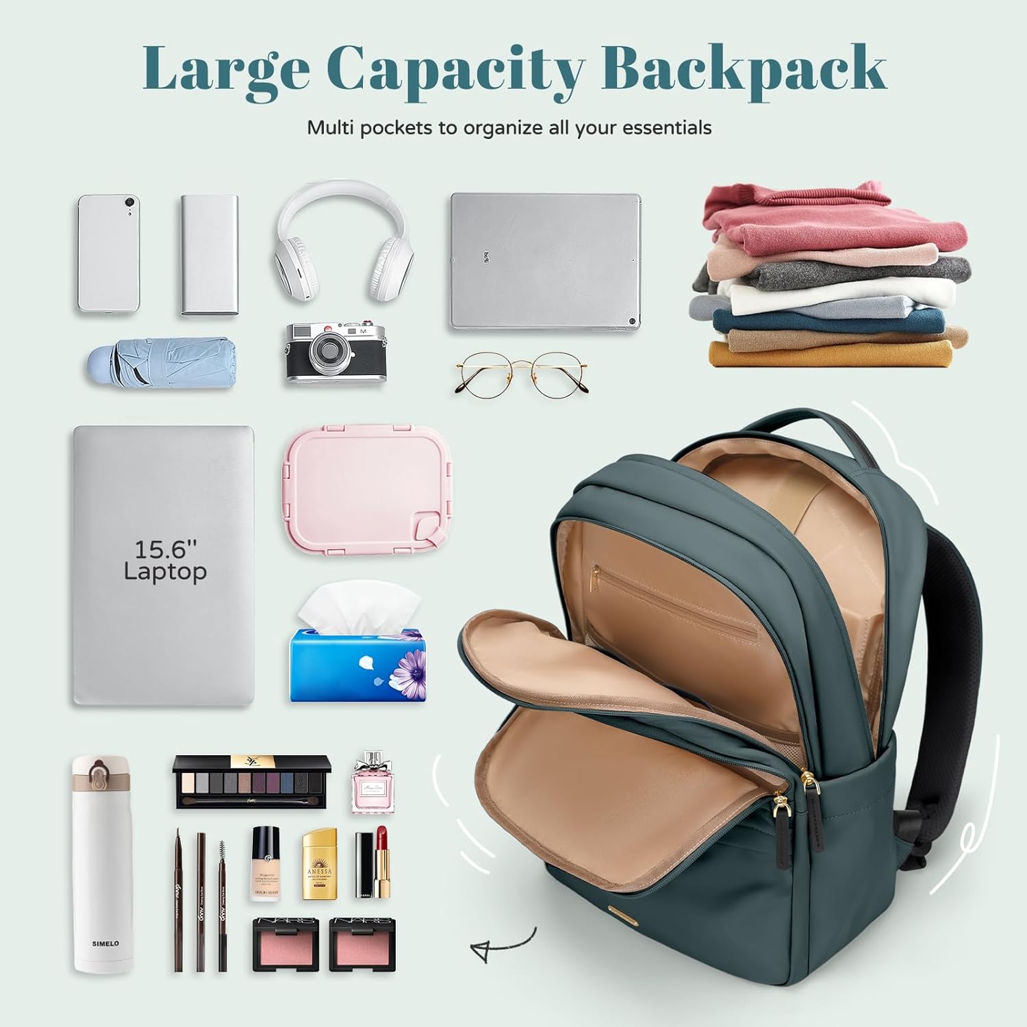 GOLF SUPAGS Multifunctional Laptop Backpack for Work Travel Leisure Water-Resistant Multiple Compartments Business Backpack for Women Fits 15.6 Inch Notebook (Atrovirens) - Image 7