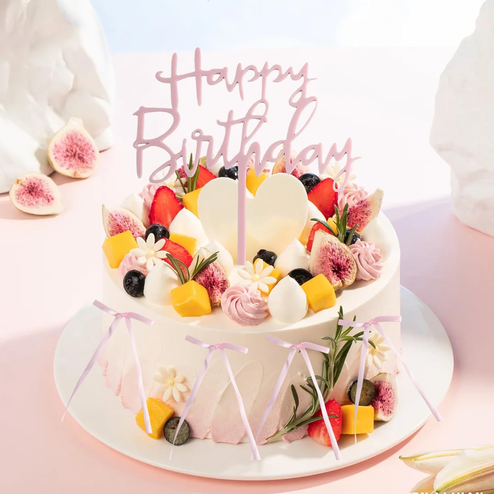 Lot de 10 décorations de cupcakes en forme de nœud rose avec 1 panneau rose « Happy Birthday » - Décorations de fête à thème pour gâteau de mariage, dessert pour mariage, fête d'anniversaire
