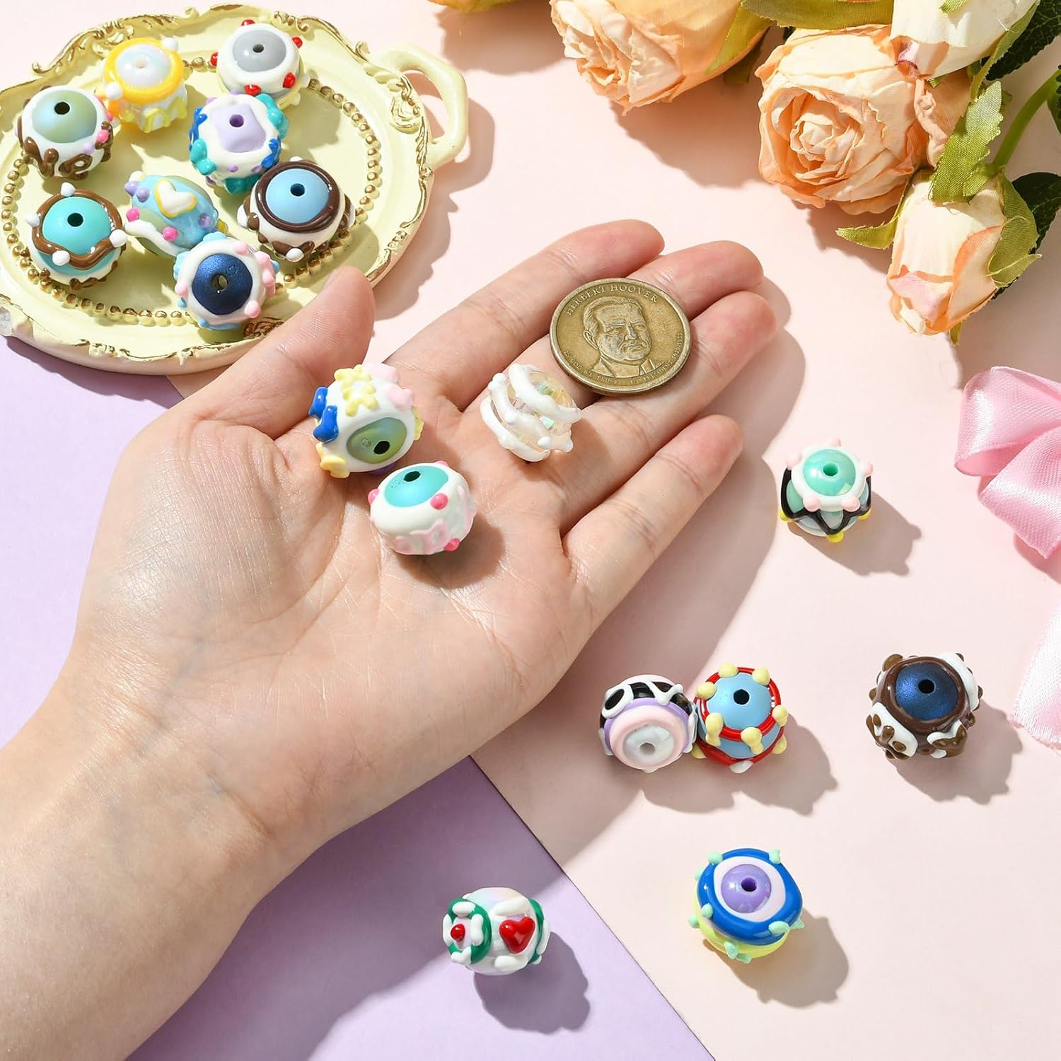 LiQunSweet 17 pcs 17 Colors Bumpy Round Theme Hand Painted Enamel Acrylic Spacer Beads Cute Bubblegum Rondelle Beads for Bracelet Earring Necklace DIY Crafts Jewelry Making - Image 4