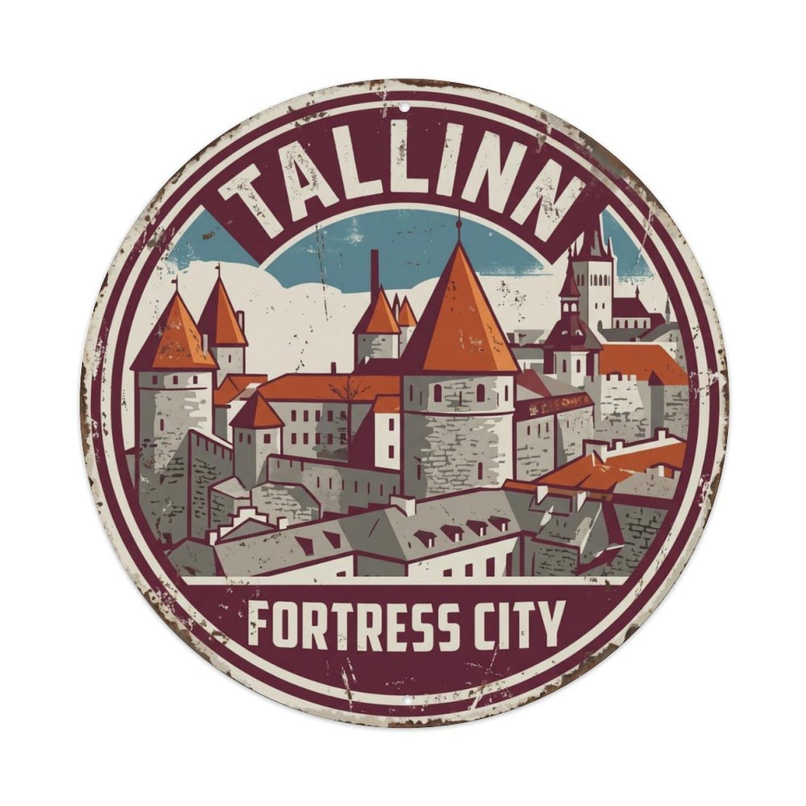 Vintage Travel Tallinn Citywall Fortress Metal Tin Sign Plaque Wall Decor for Cafe, Club, Garden Round Metal Poster 8x8Inch