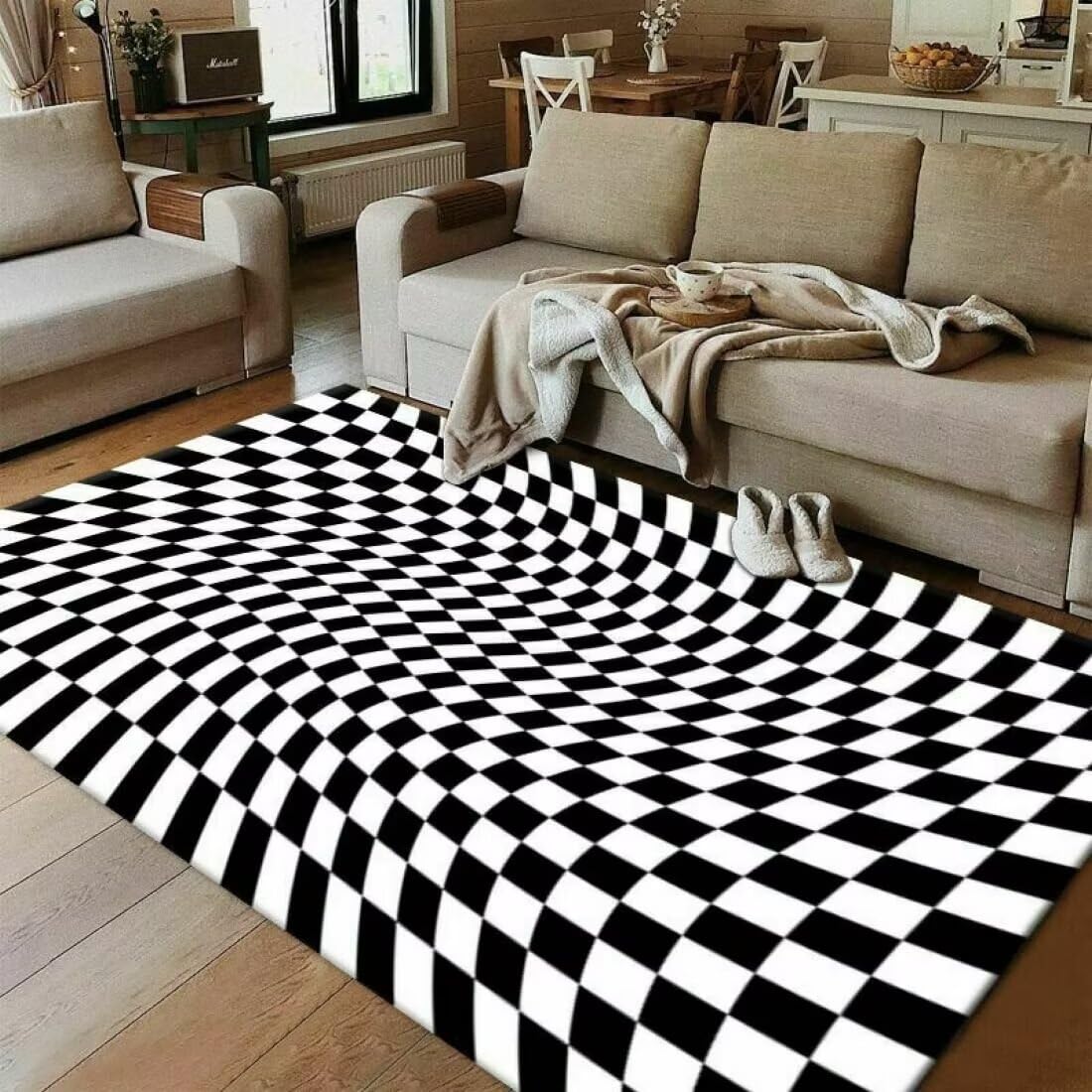 Tapis Priere Pliable Tapis de Mode antisalissure pour Salon Design Noir et Blanc résistant à la saleté 300X400CM