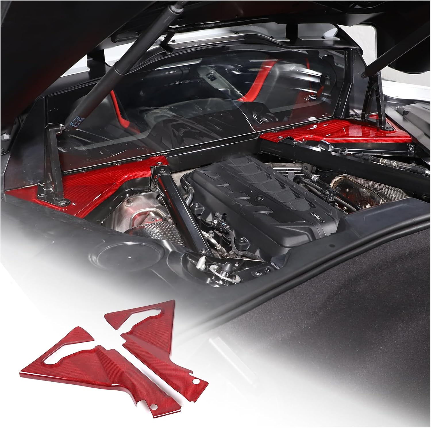 Dry Carbon Fiber Engine Bay Panel Cover Compatible with Chevrolet Corvette C8 Stingray 2020-2024, Front Hood Lift Supports Shock Struts Base Trim Cover C8 Corvette Accessories (Red)