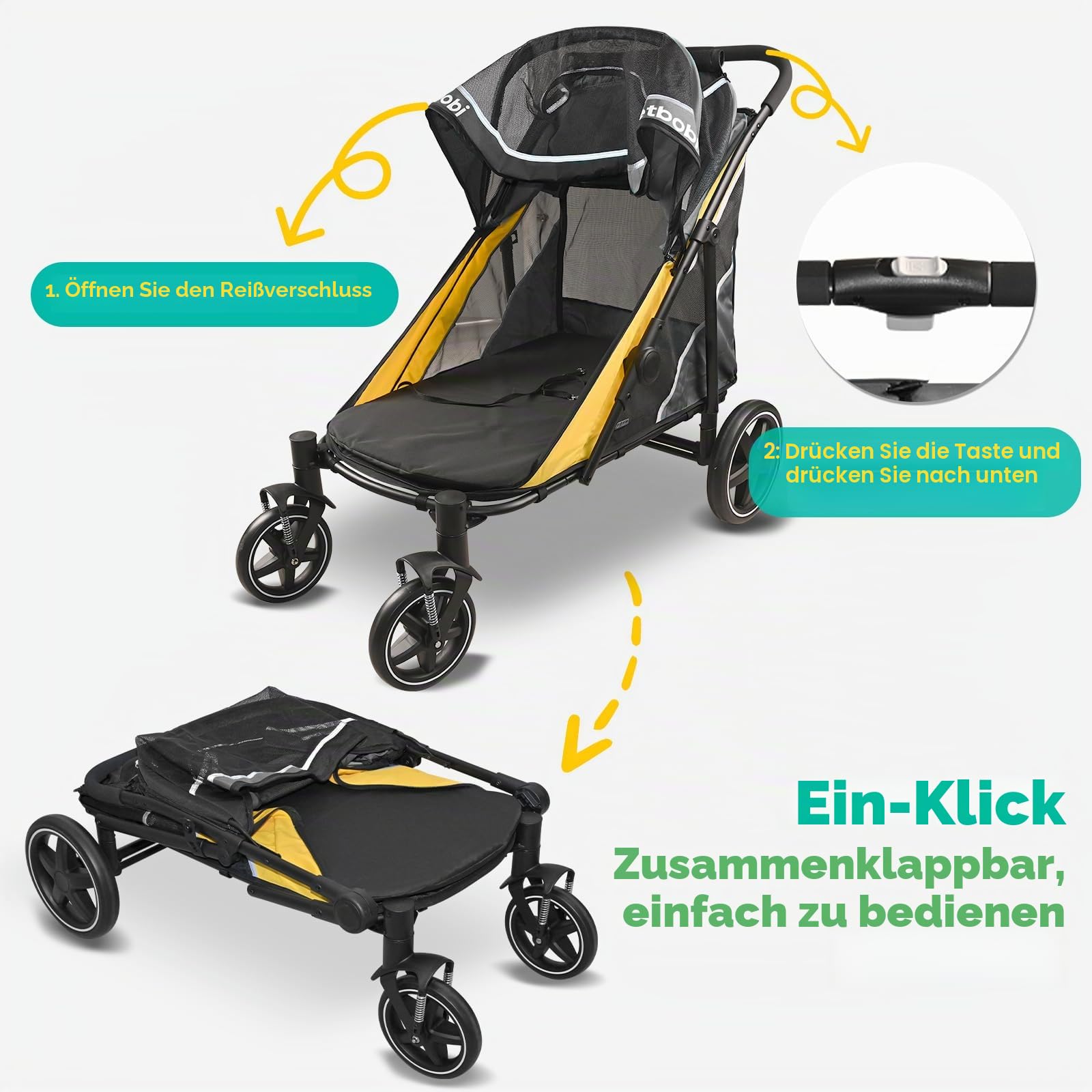 Petbobi Hundekinderwagen für mittelgroße und große Hunde, leicht zusammenklappbar, Doppel-Einstieg, Fußbremse, All-Terrain mit Luftnetz, ideal für ältere Haustiere bis 36 kg, Schwarz