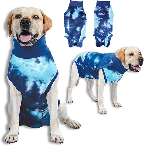 Traje de recuperación transpirable para perros para hombres y mujeres, mameluco de perro azul teñido anudado para heridas abdominales, alternativa