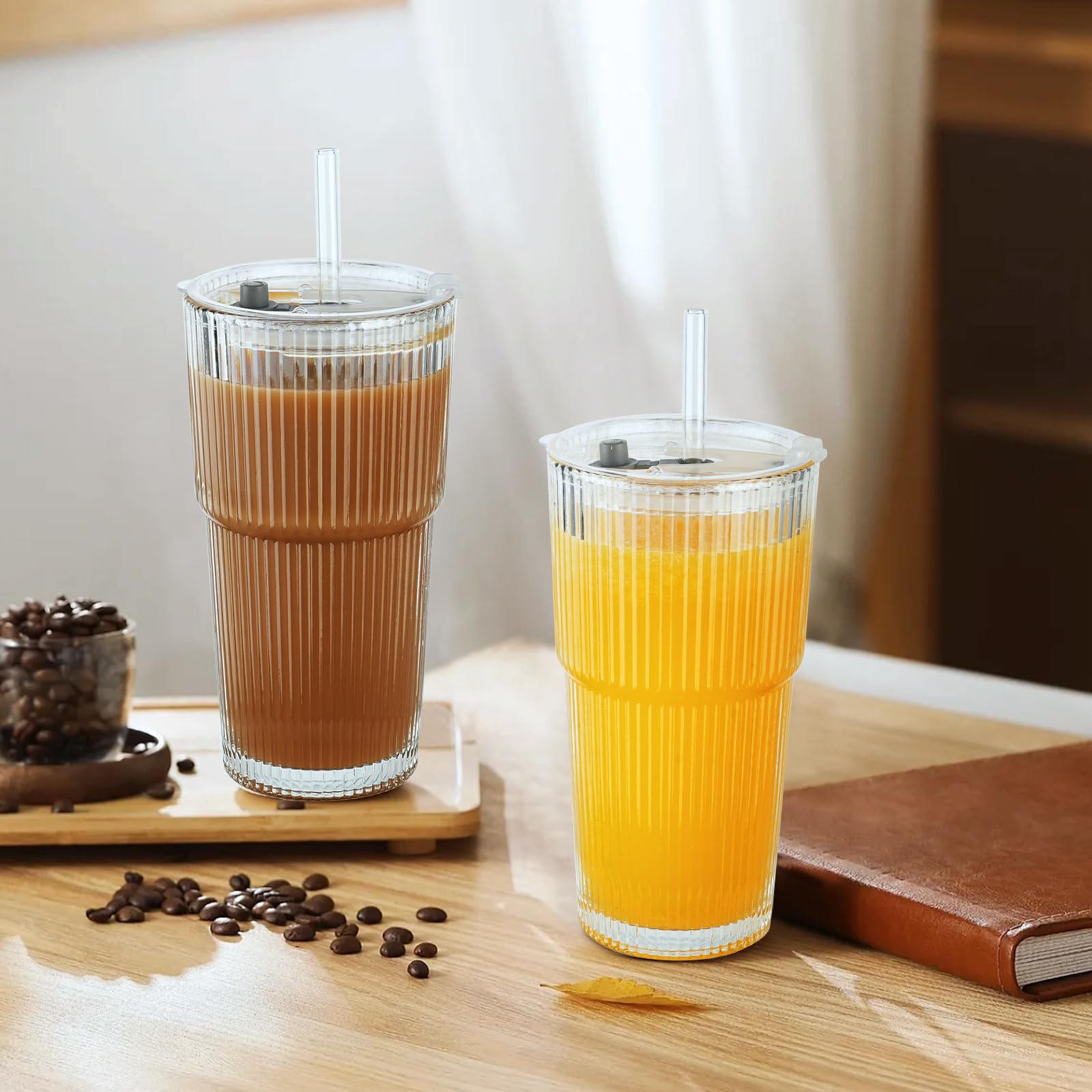 AUAUY 2 PCS Glasses Cups with Lid and Straw, Bamboo-Like Glass Cup, Iced Coffee Glasses, Leakproof Glass Tumblers for Juice, Smoothie, Water, Tea (600 ml)