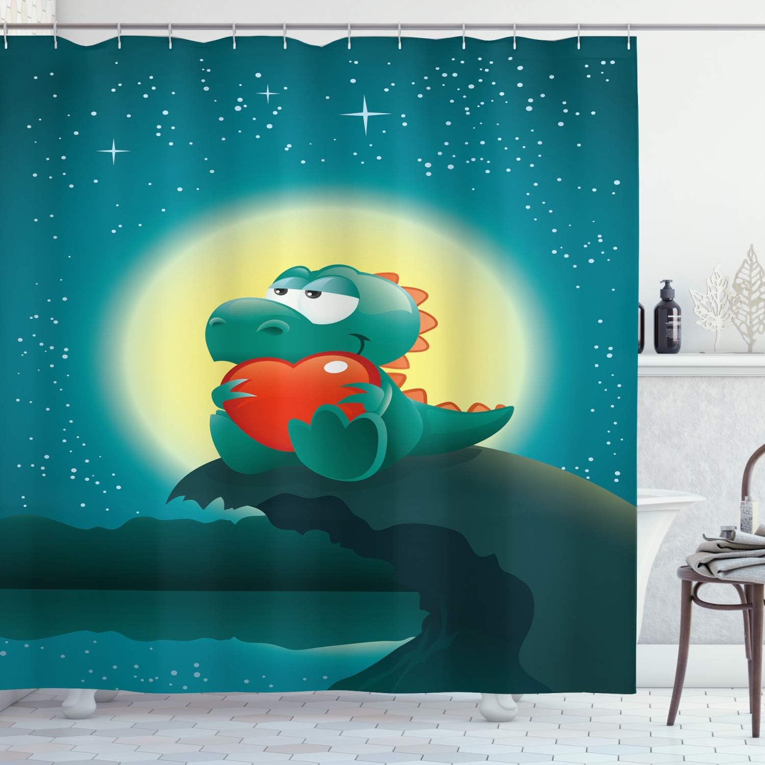 Ambesonne Dinosaur Shower Curtain, Valentine Night Scenery Animal in Love Full Moon Jurassic Times Design, Cloth Fabric Bathroom Decor Set with Hooks, 69" W x 75" L, Orange Teal