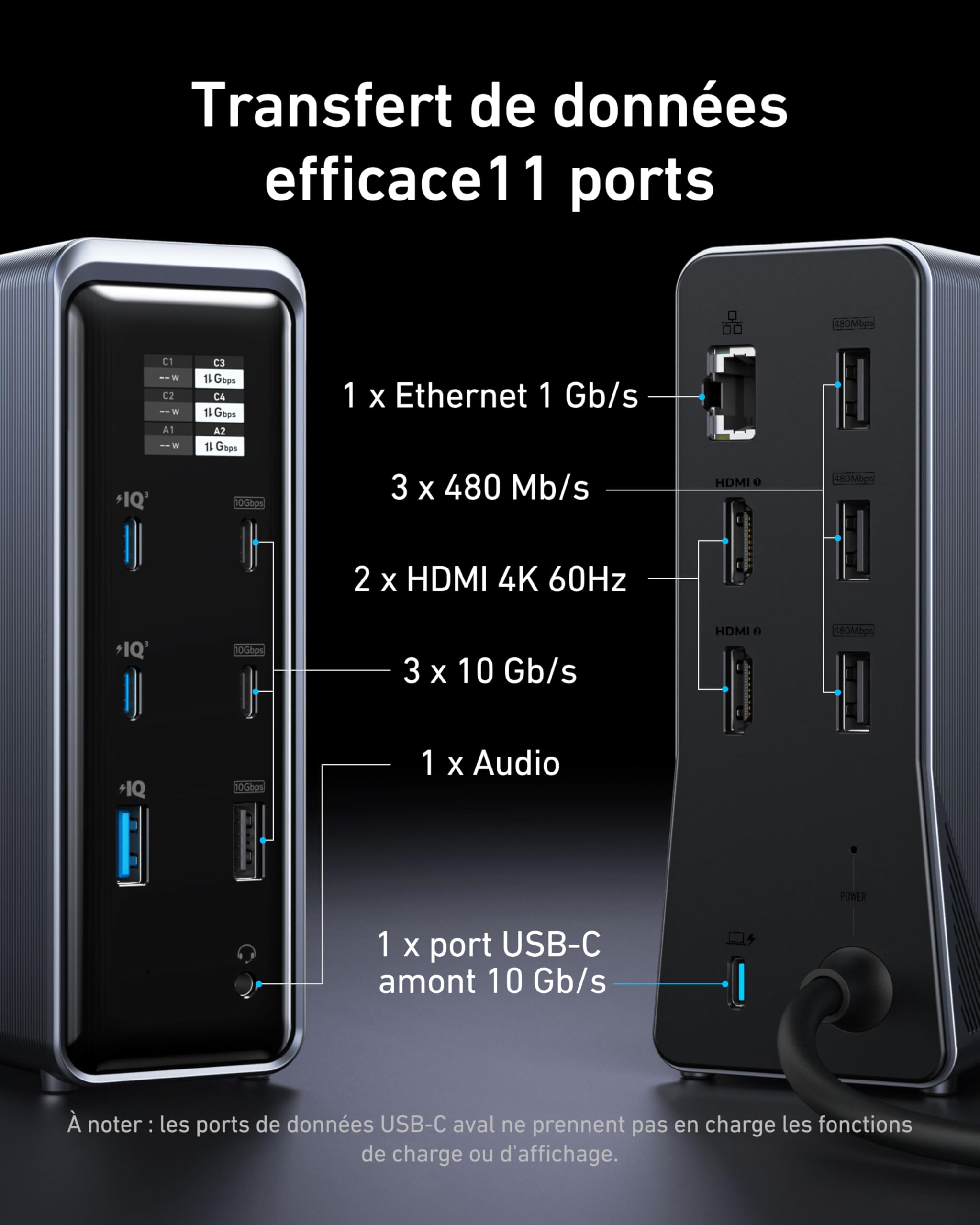 Anker Prime Station d'accueil 160W, 14 Ports, Transfert 10 Gbit/s, Interface Intelligente, Ports Audio/Ethernet, Double 4K pour Dell, MacBook et Plus