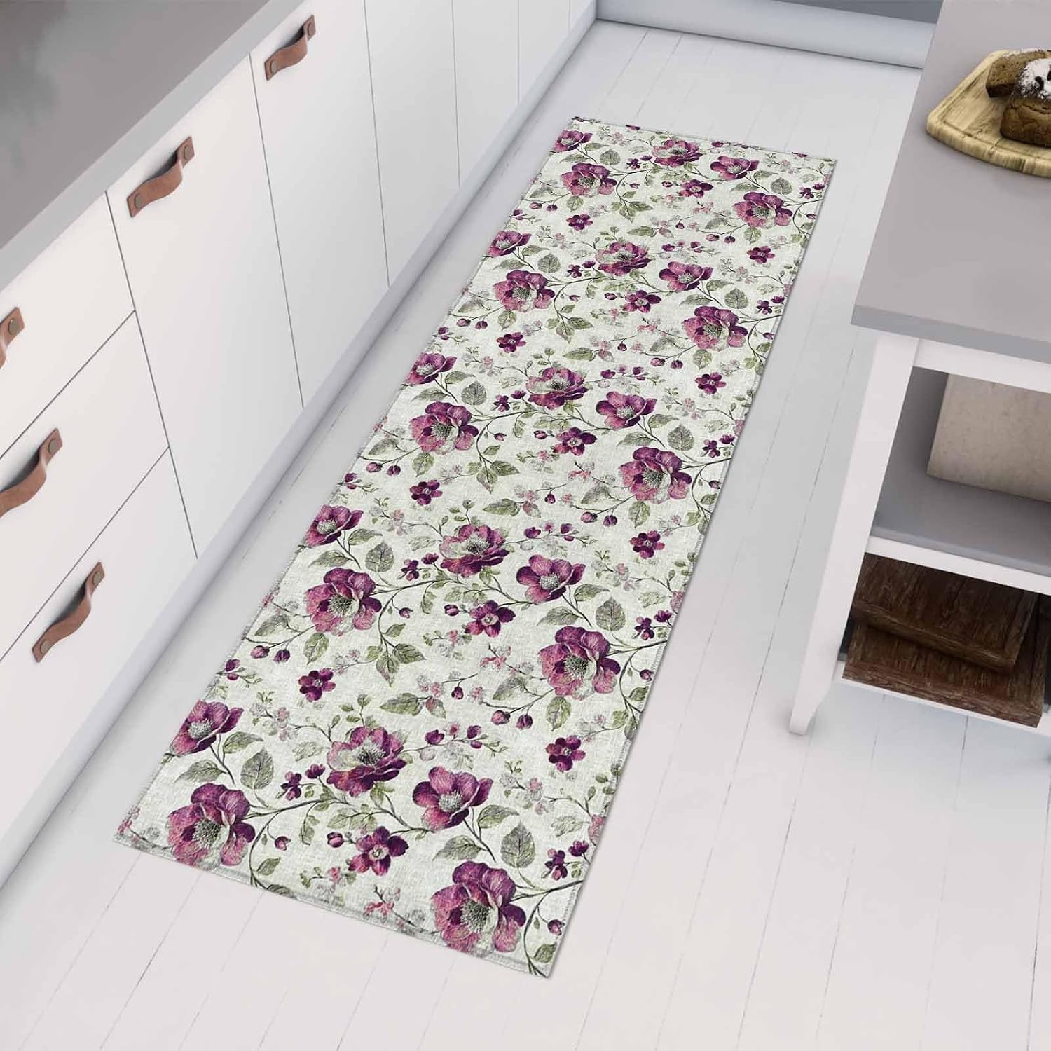 Teamery Kitchen Mats for Floor Red Rose Pastoral Floral Vintage Washable Non Slip Kitchen Rugs 1PCS, Gradient Sage Green Absorbent Standing Mats for Sink Bathroom Office Living Room 15.7x47.2in