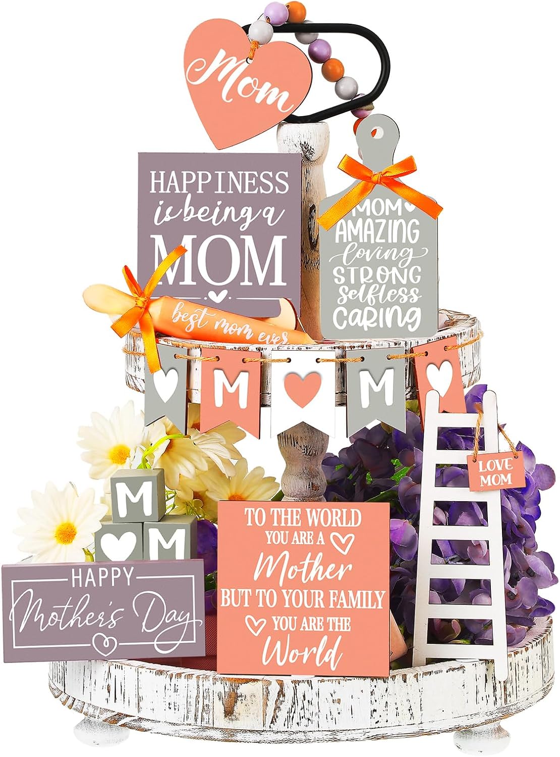 Sumind 15 Pcs Mother's Day Tiered Tray Decor Happy Mother's Day Wood Signs Farmhouse Mothers Day Decorations Wooden Heart Bead Garland for Mothers Gift Tabletop