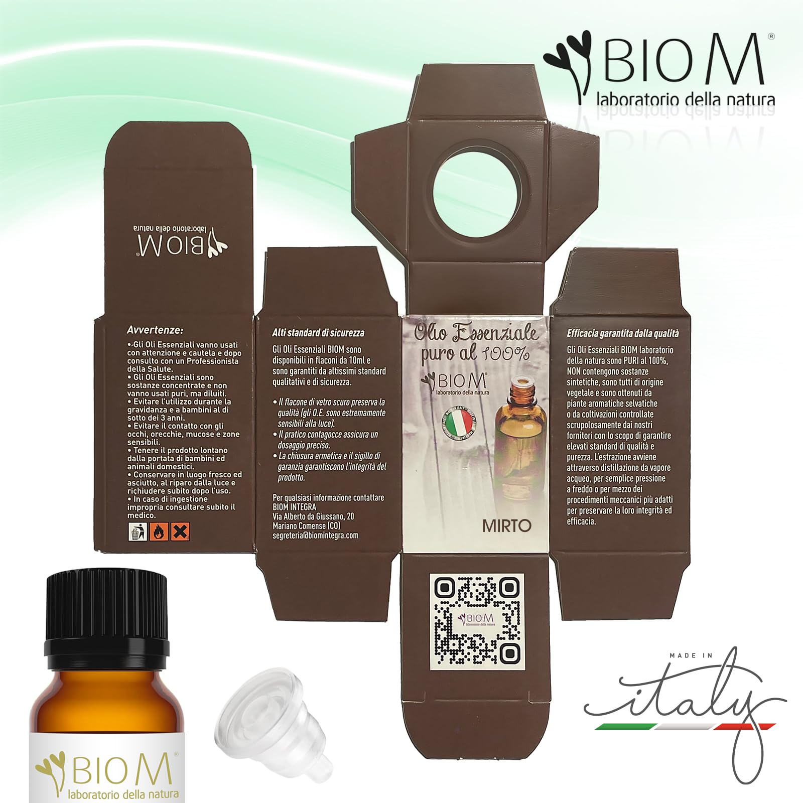 BioM Laboratorio della Natura - Olio Essenziale di MIRTO PURO BIO -10ml -100% NATURALE- 100% ITALIANO per Aromaterapia, Diffusori, Uso Alimentare e Massaggi - Dermopurificante e Antibatterico