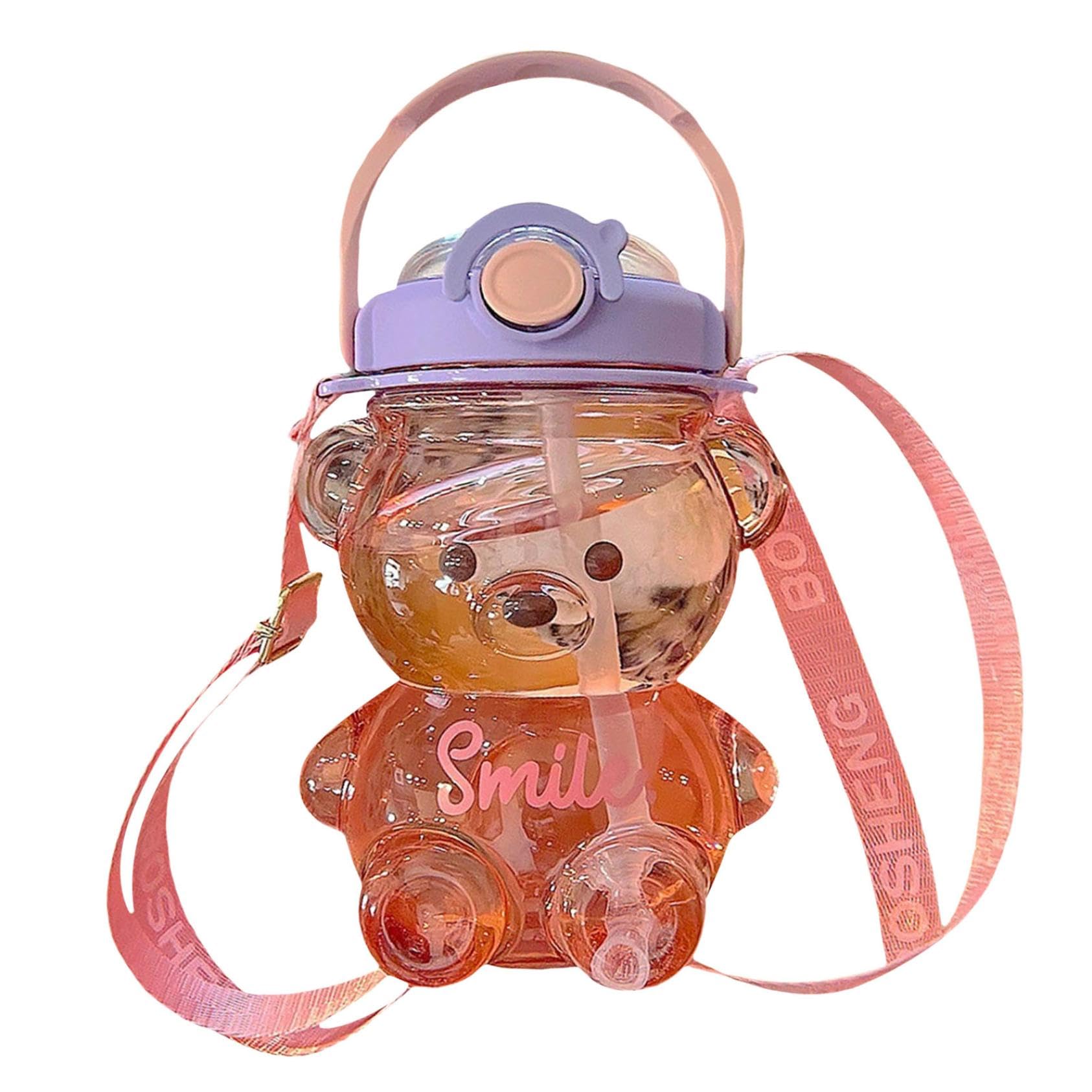 32oz Bear Shaped Straw Water Bottle with Straw, Portable Cute Water Bottles with Adjustable & Removable Shoulder Strap, 1000ML Leak-Proof Cute Bear Outdoor Sports Drinking Bottle for School Travel (C)