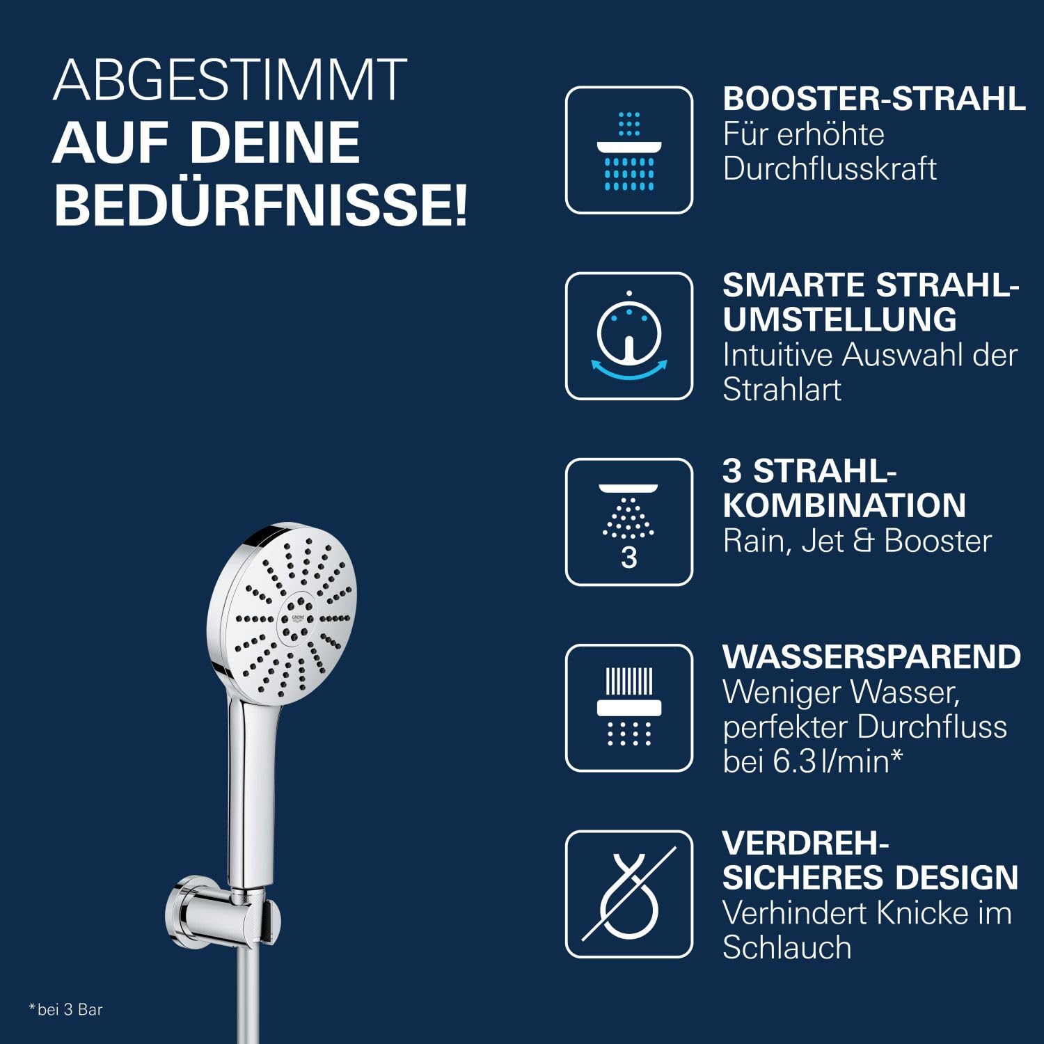 GROHE Vitalio Joy+ 120, wassersparender Duschkopf mit Schlauch und Wandhalterung, inkl. Boost Funktion, 6l pro Min (Handbrause 3 Strahlarten, per Drehregler verstellbar), chrom, 1348650000