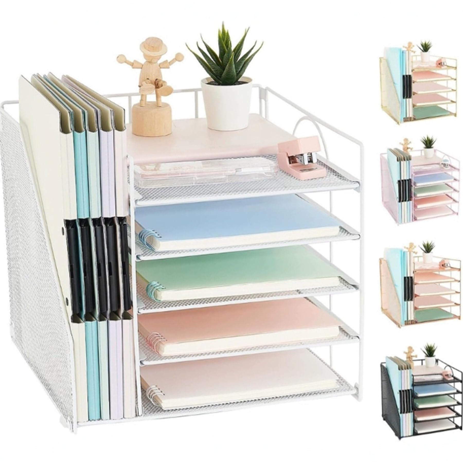 Organizer da scrivania, organizer per documenti a 5 ripiani, cartella con lato, accessori da scrivania per ufficio, organizer da scrivania per forniture per ufficio, bianco