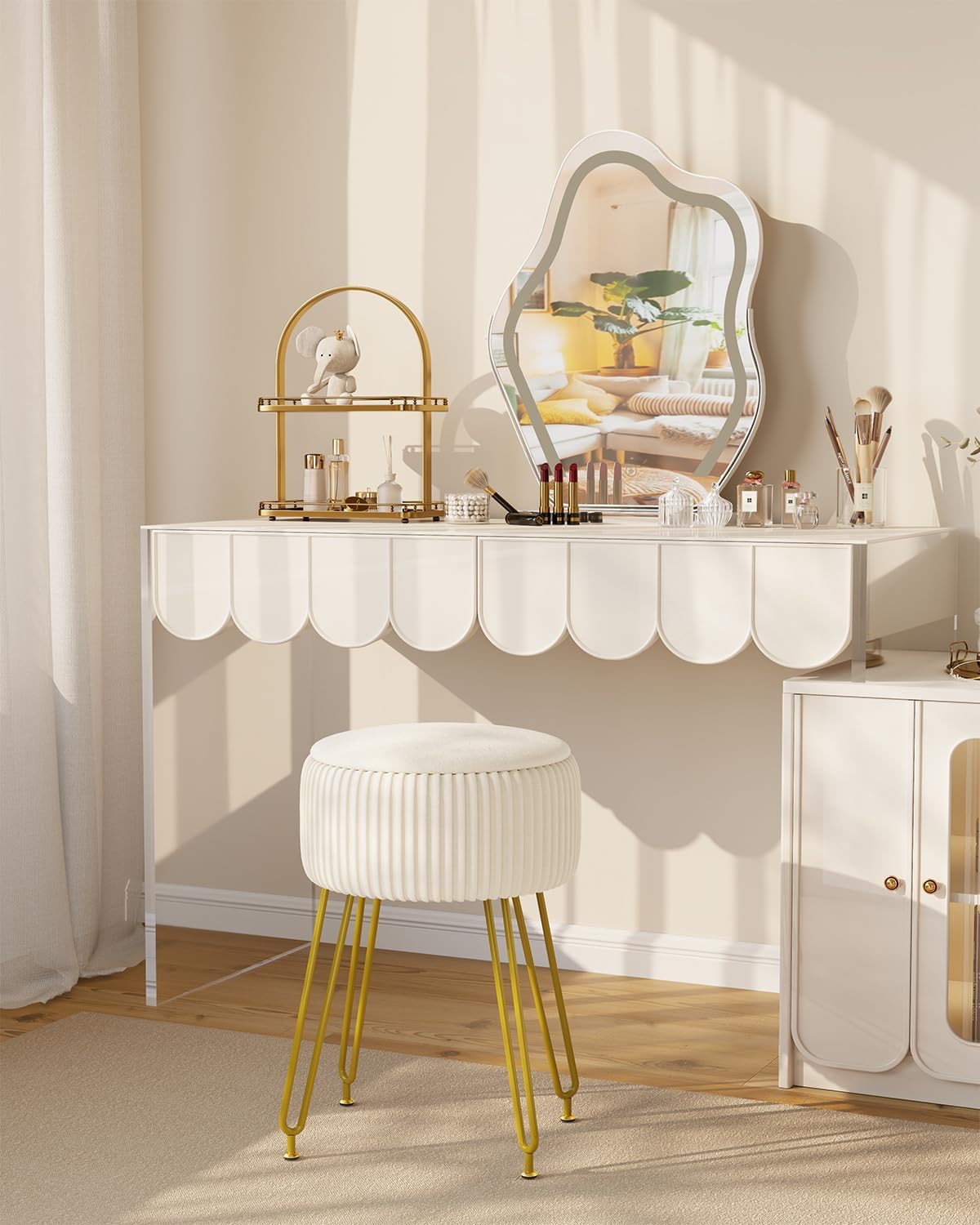 IBUYKE Velvet Storage Footrest Stool Ottoman, Makeup Vanity Stool Side Table with Golden Steel Legs Removable Cover, Coffee Table Top Cover, Creamy-White LG-20M - Image 4