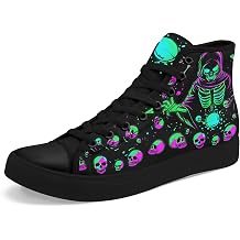 Neon Skull High Top Sneakers for Men Women, Gothic Cyberpunk Canvas Shoes Lace Up Punk Streetwear Casual Shoes