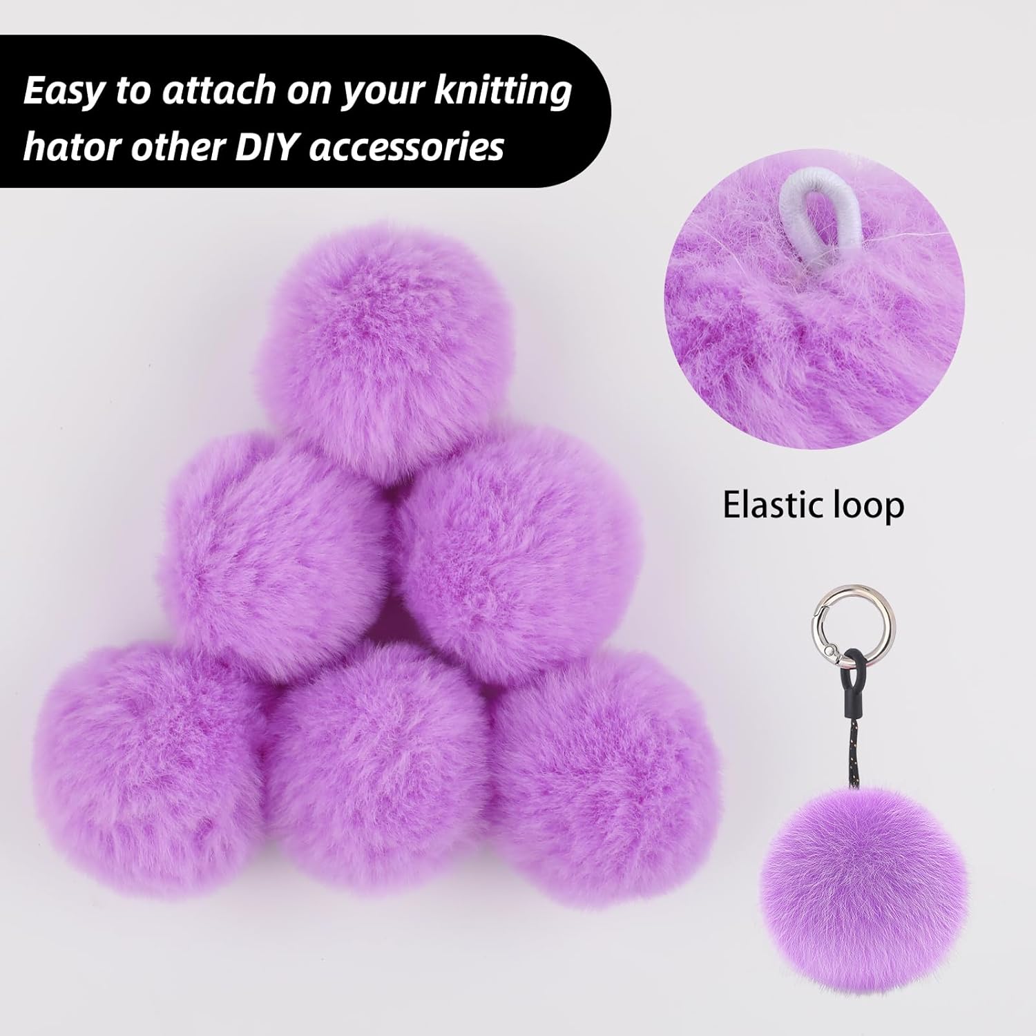 12Pcs Purple Faux Fur Pom Pom Balls,2.4 Inch Soft Faux Rabbit Fur Pompoms with Elastic Loop,Round Fluffy Pompoms for DIY Keychain Hat Shoes Garment Hair Pins Earrings Wedding Accessories - Image 4