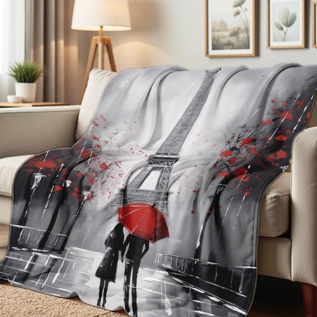 Red Paris Print Flannel Blanket Romantic Red Umbrella Couple Throw Blanket for Bed Sofa for Her Him Queen Size Bedding Decor (59"x78")