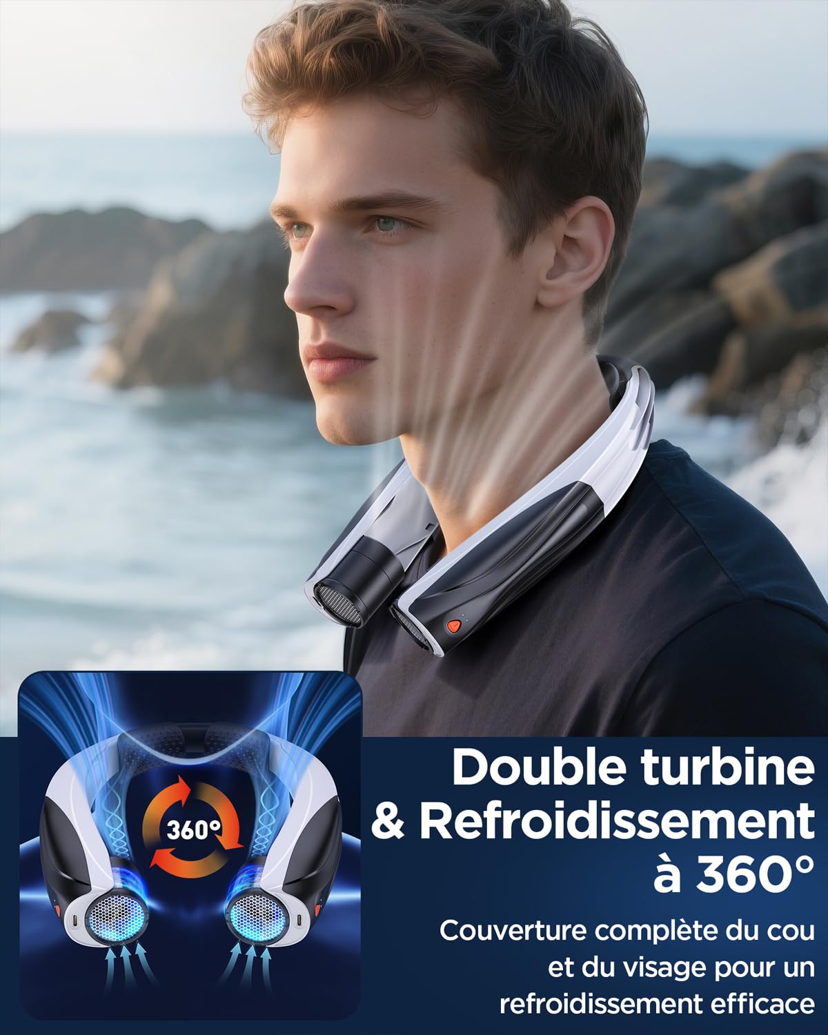 Lepwings Ventilateur de Cou, Autonomie 6–23h, 6 Vitesses, Silencieux & Confortable, USB-C Rechargeable, Batterie 6000 mAh, Ventilateur Tour de Cou pour Bureau, Sport, Voyage – Noir