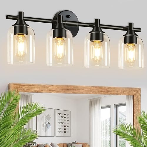 4 lámparas de baño, modernas luces de tocador de color negro mate con pantalla de vidrio transparente, lámpara de pared de baño para espejo, cocina,