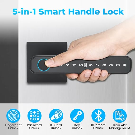 Smart Fingerprint Door Lock, 5-in-1 Keyless Entry with Bluetooth APP & NFC Cards | Biometric Smart Lock for Front Door, Bedroom, Office & Apartment | Digital Password & Backup Key Included