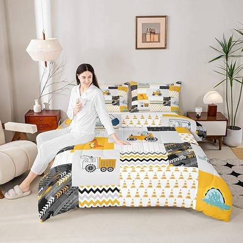 Miniatura 5 de Feelyou Juego de edredón de construcción tamaño matrimonial para niños, diseño de excavadora de coche de dibujos animados, tractor, equipo de