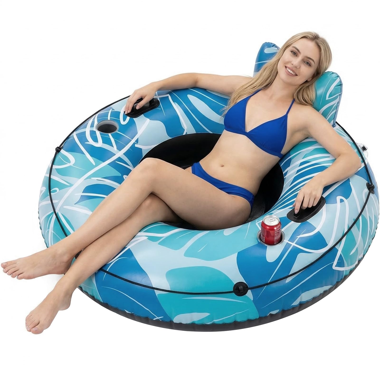 SOLAVERO Inflatable Tube Float, 135 cm Inflatable River Tube Floating Chair Adult, Large Pool Inflatables with Headrest & Cup Holders, Swimming Lounger Raft with Grab Handles & Rope for Summer Party