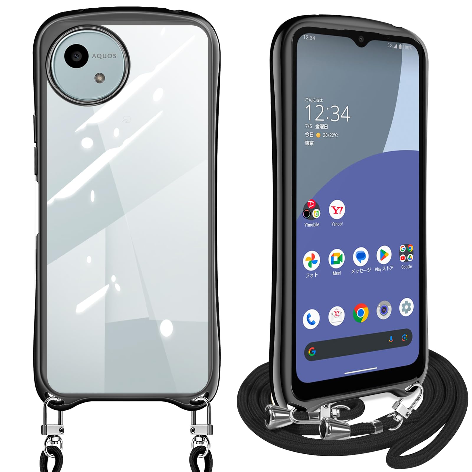 AQUOS wish4 ケース ショルダー クリア アクオスwish4 SH-52E スマホケース カバー 耐衝撃 透明 TPU ストラップ付き 肩掛け 首掛け 紐付き 斜めがけ 取り外し可能 長さ調整可能(ブラック)