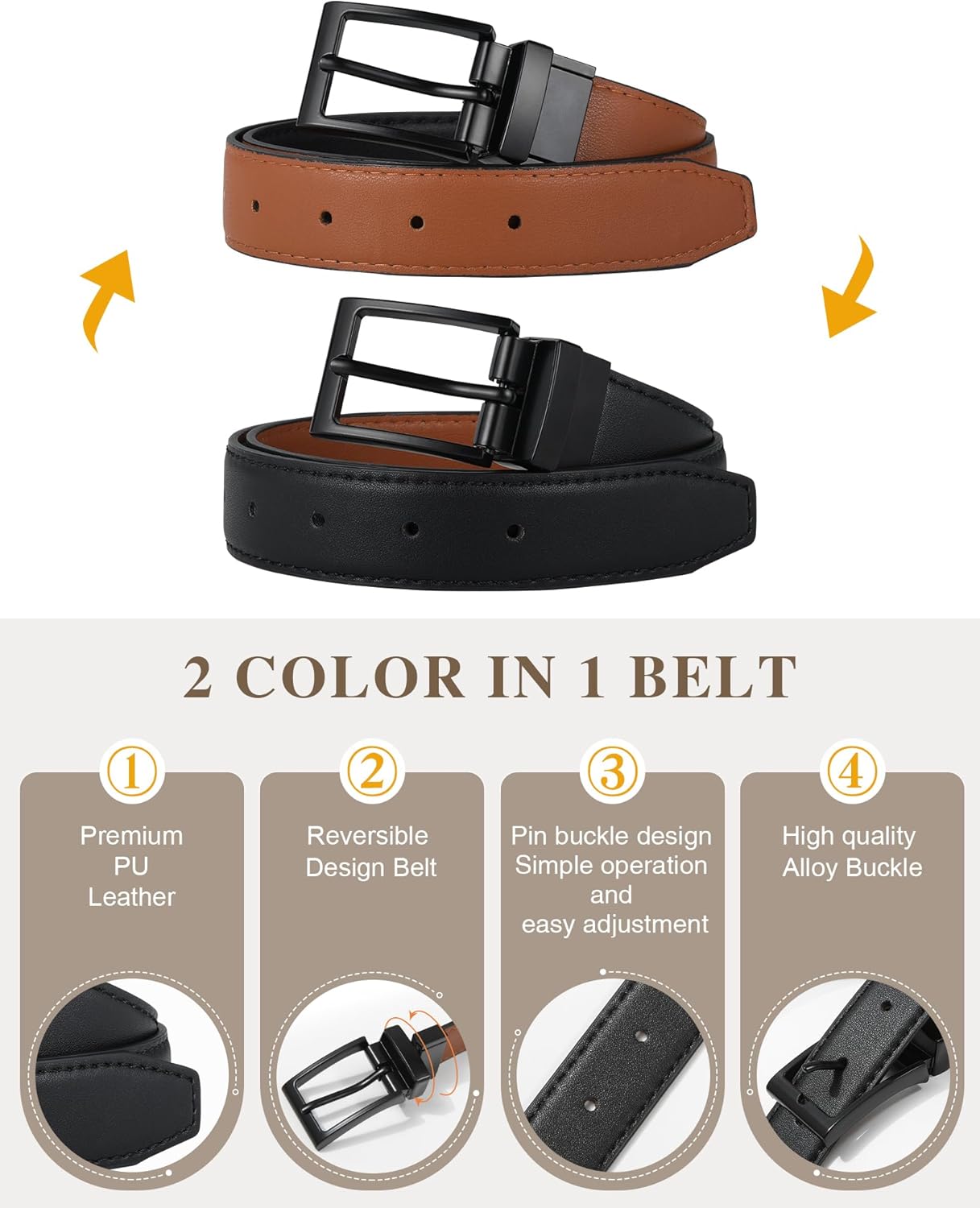 AWAYTR Reversible Kids Belts for Boys - Black and Brown Leather Belt for School Uniform Casual Jeans - Image 2