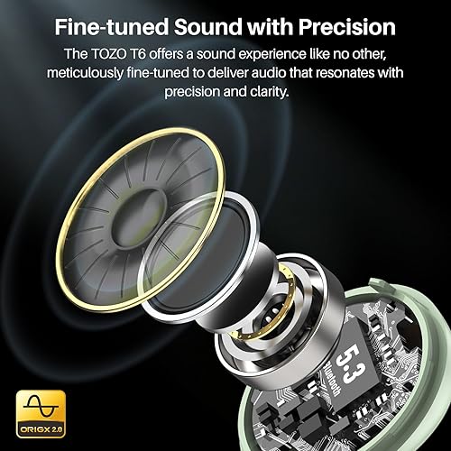 Miniatura 2 de TOZO Auriculares inalámbricos T6, auriculares Bluetooth 5.3, sonido estéreo en el oído, 50 horas de reproducción, estuche de carga inalámbrica,