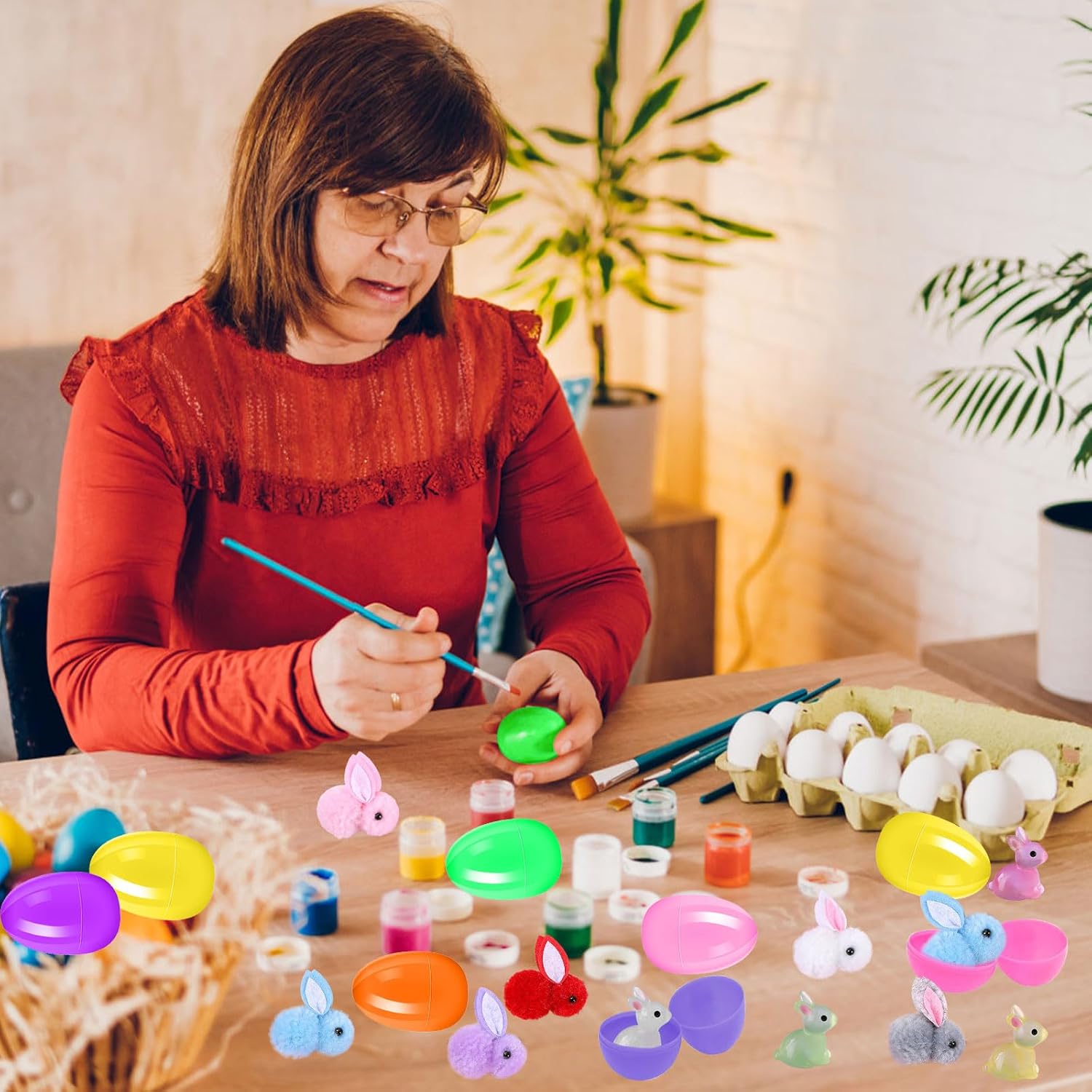 48 Pack Easter Eggs Fillers with Easter Bunny Plush and Ribbons, Prefilled Easter Eggs Stuffers Easter Hanging Decor for Basket Surprise Bunny Animal