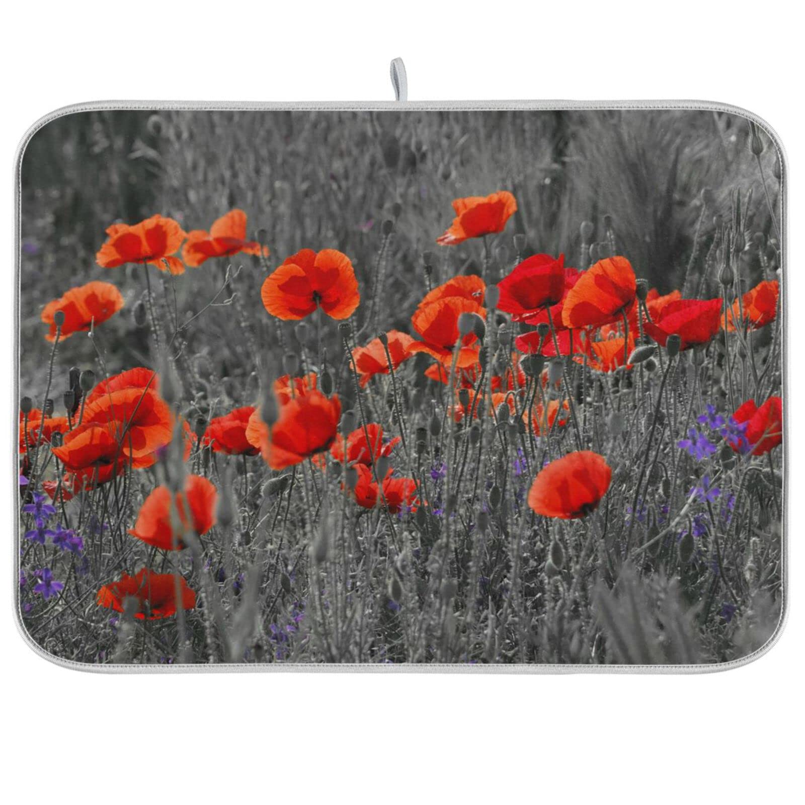 ZzWwR Beautiful Meadow Red Poppy Flowers Absorbent Dish Drying Mat Microfiber Kitchen Countertop Table Protector Multi-Purpose Counter Rack Sink Drainer Pad (16