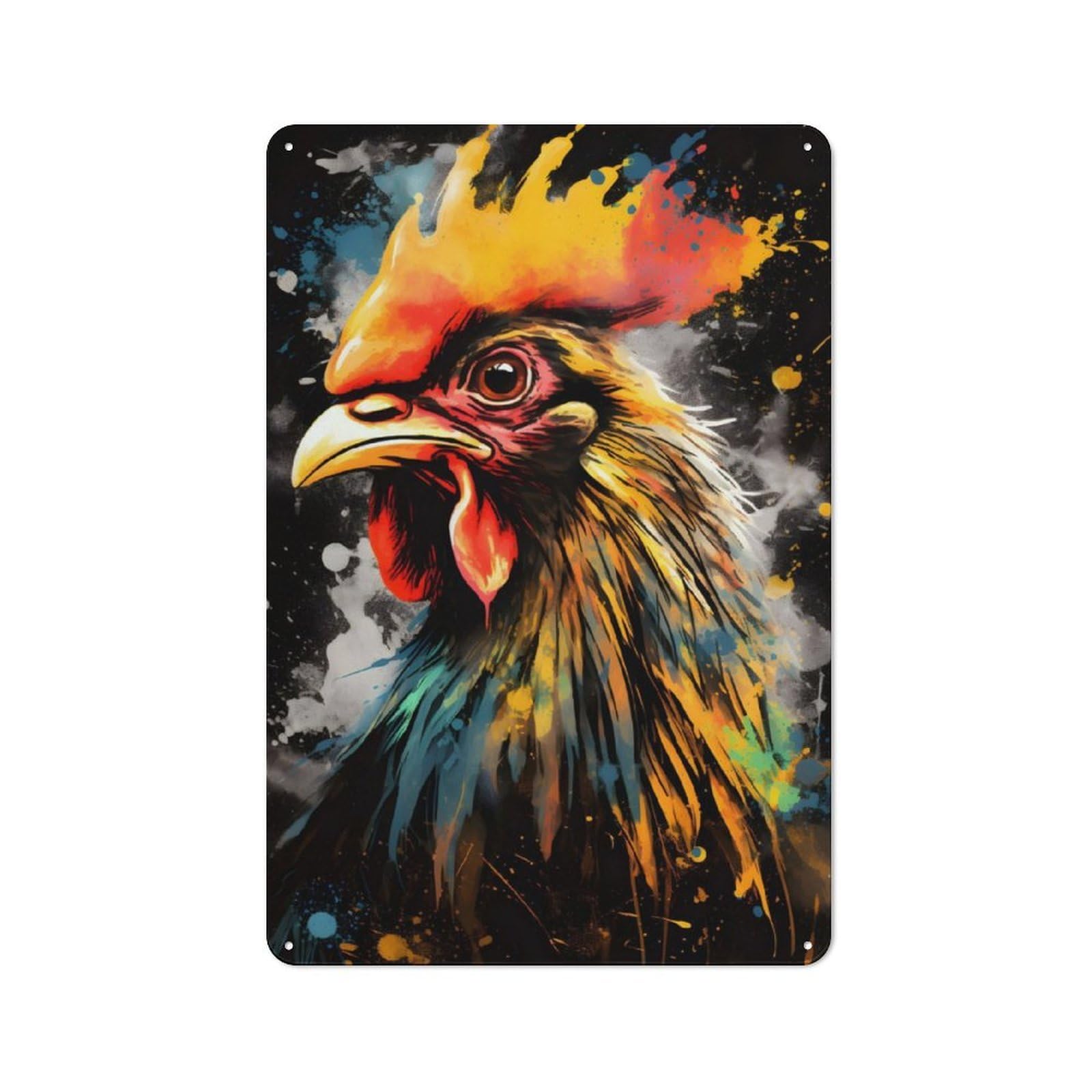 30x20cm Rustic Metal Plaque with Colorful Rooster Painting for Café Or Restaurant, for Themed Interiors in Cafés And Restaurants