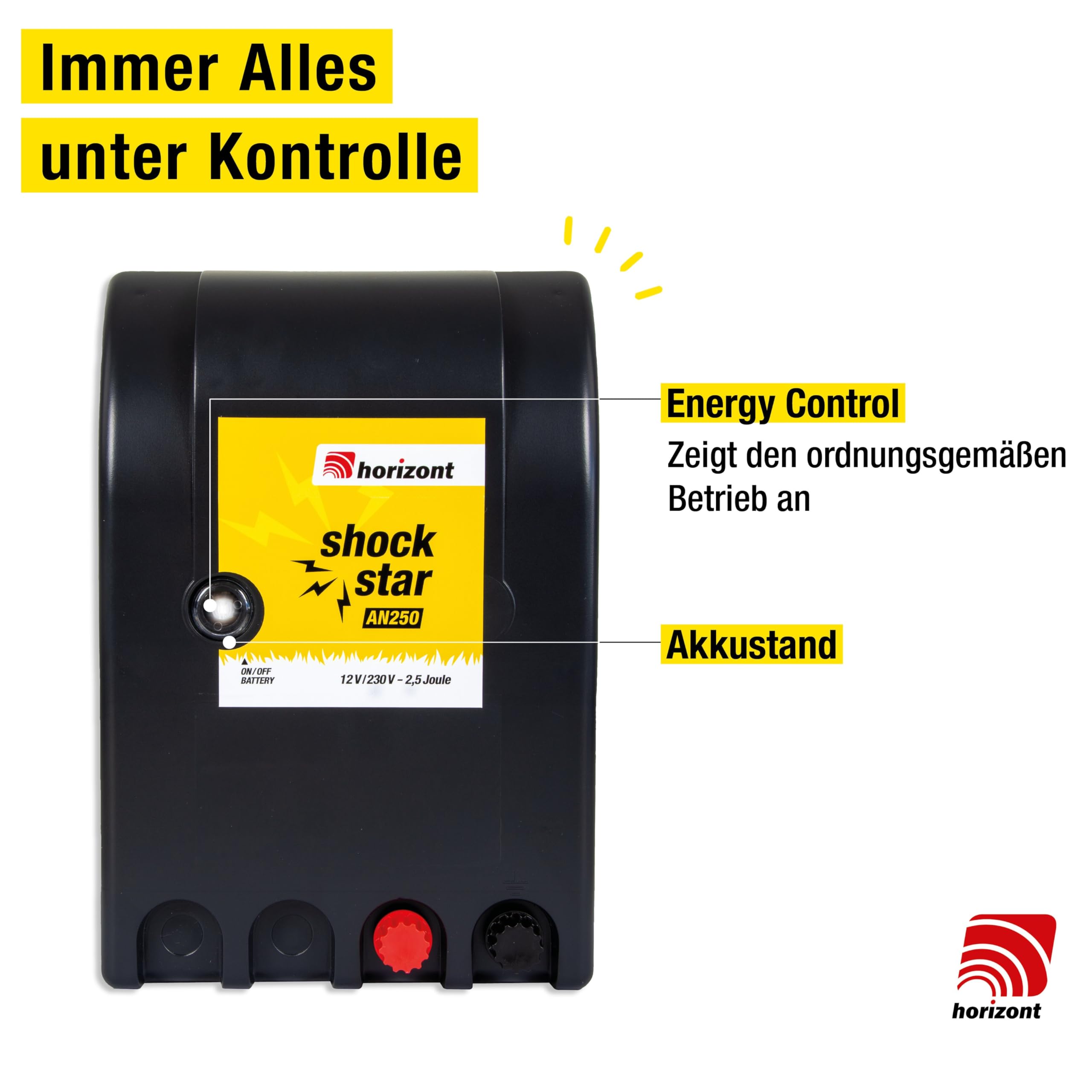 horizont Weidezaungerät AN250 12/230V, 2,5J, 11000V für Zäune bis 18km | für 10x 50m Netze, mit Stromsparschaltung, ideal für Pferd, Rind, Schwein, Schaf