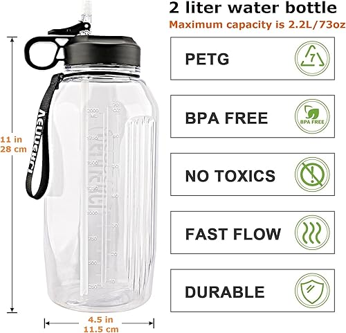 Miniatura 6 de VENNERLI - Botella de agua grande con pajilla, botellas de agua deportivas portátiles con asa de 2.2 litros, grandes jarras de agua de plástico sin