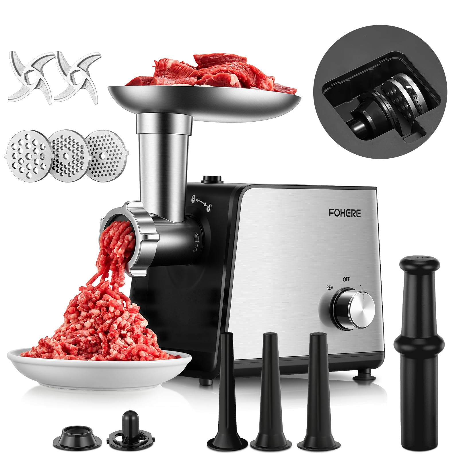 Photo 1 of Electric Meat Grinder, 3200W Max Heavy Duty Stainless Steel Meat Mincer with 2 Blades, 3 Grinding Plates, 3 Sausage Stuffer Tubes & Kubbe Kit for Home & Kitchen & Deer Meat Processing Using