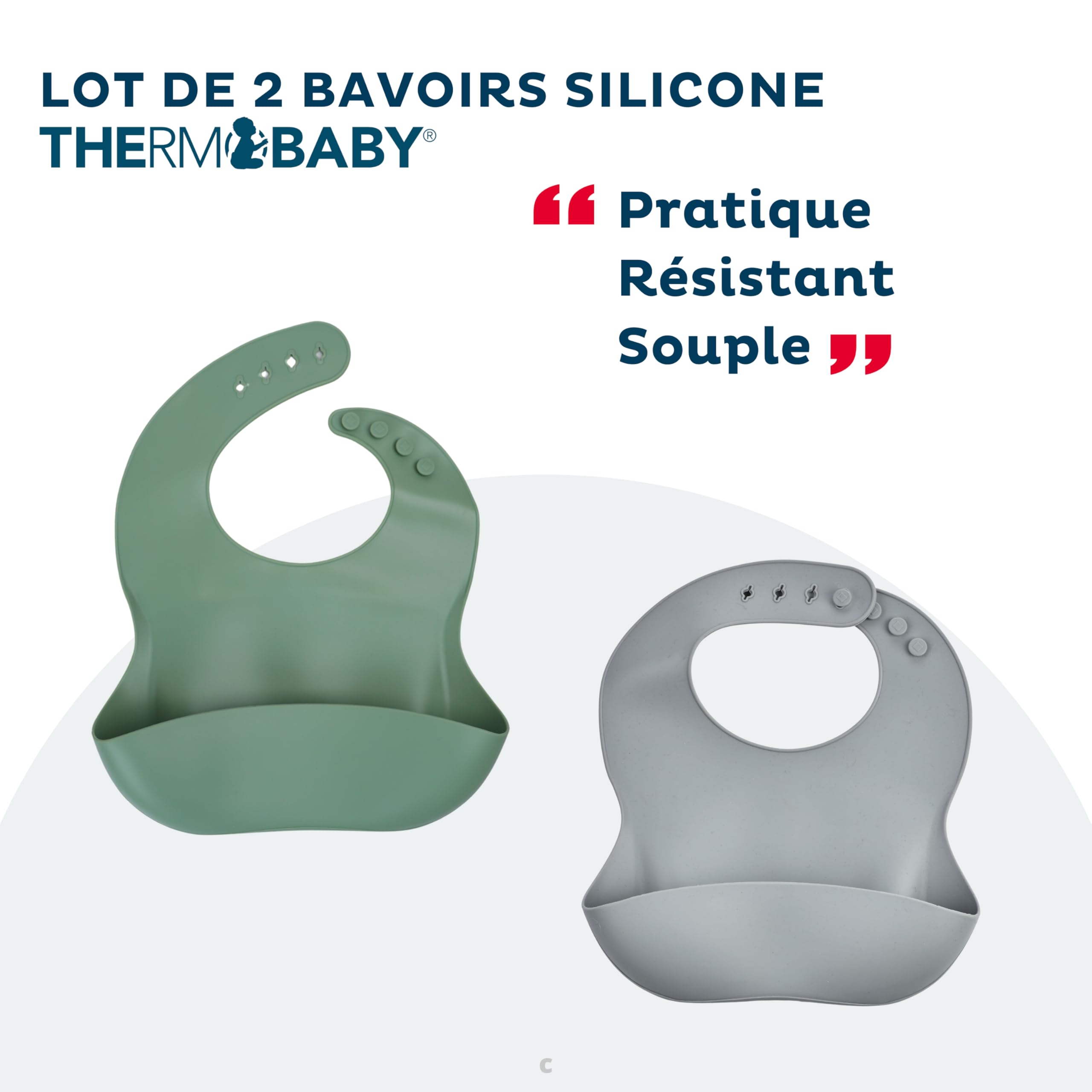 Thermobaby - Juego de 2 baberos de silicona suave para bebés con bolsillo de recogida – Ajustable y fácil de limpiar – Ideal para comidas, práctico e impermeable