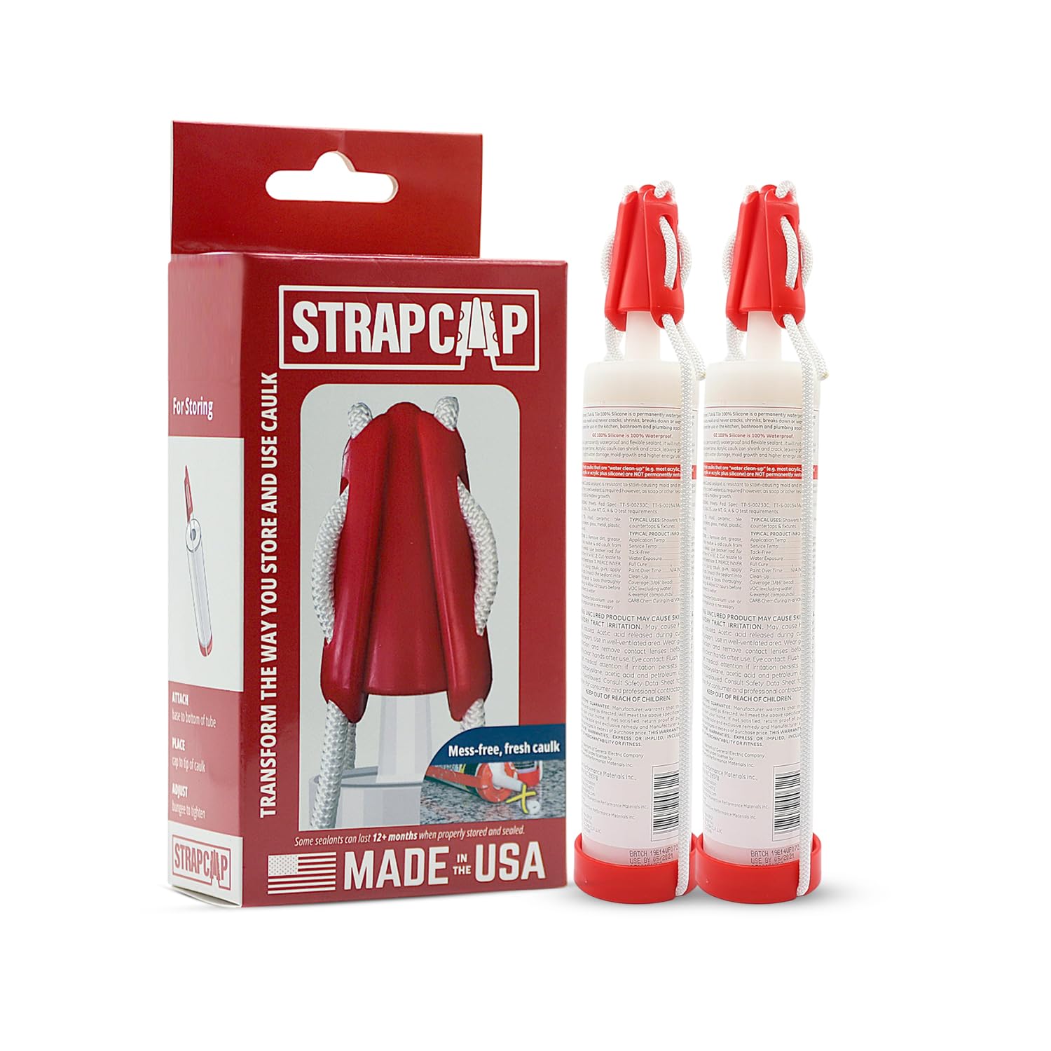 StrapCap Caulking Tube Cover (2-Pack, Red) - Leak-Proof Silicone Cap with Strap Design for Easy Storage, Durable Sealant Preservation, Fits Standard