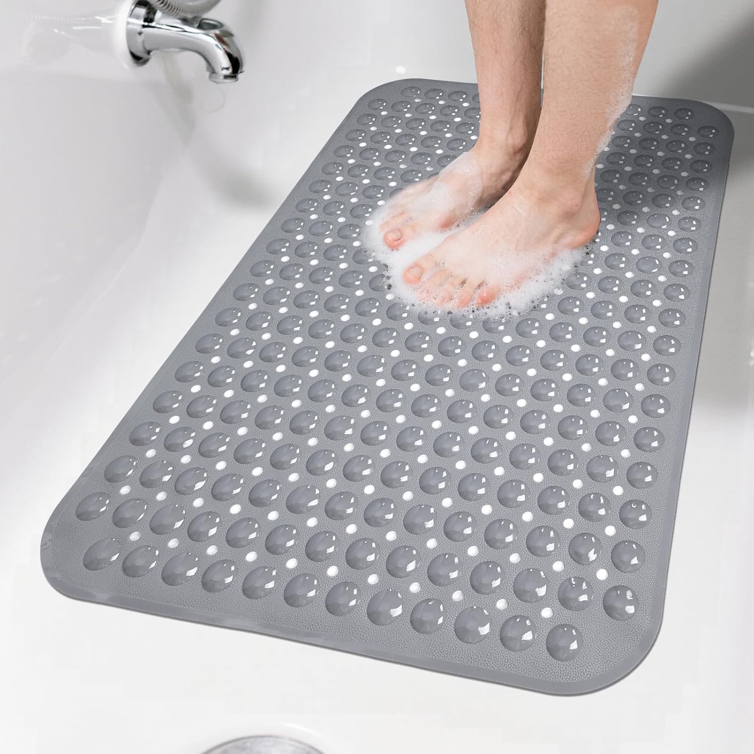 Large Shower Mat 21.5x33.5 Inch Grey, Soft Non Slip Shower Mats for Inside Shower with Big Suction Cups Drain Holes, Extra Large Bath Bathtub Mat Floor Stall Mats, BPA-Free, Easy Clean