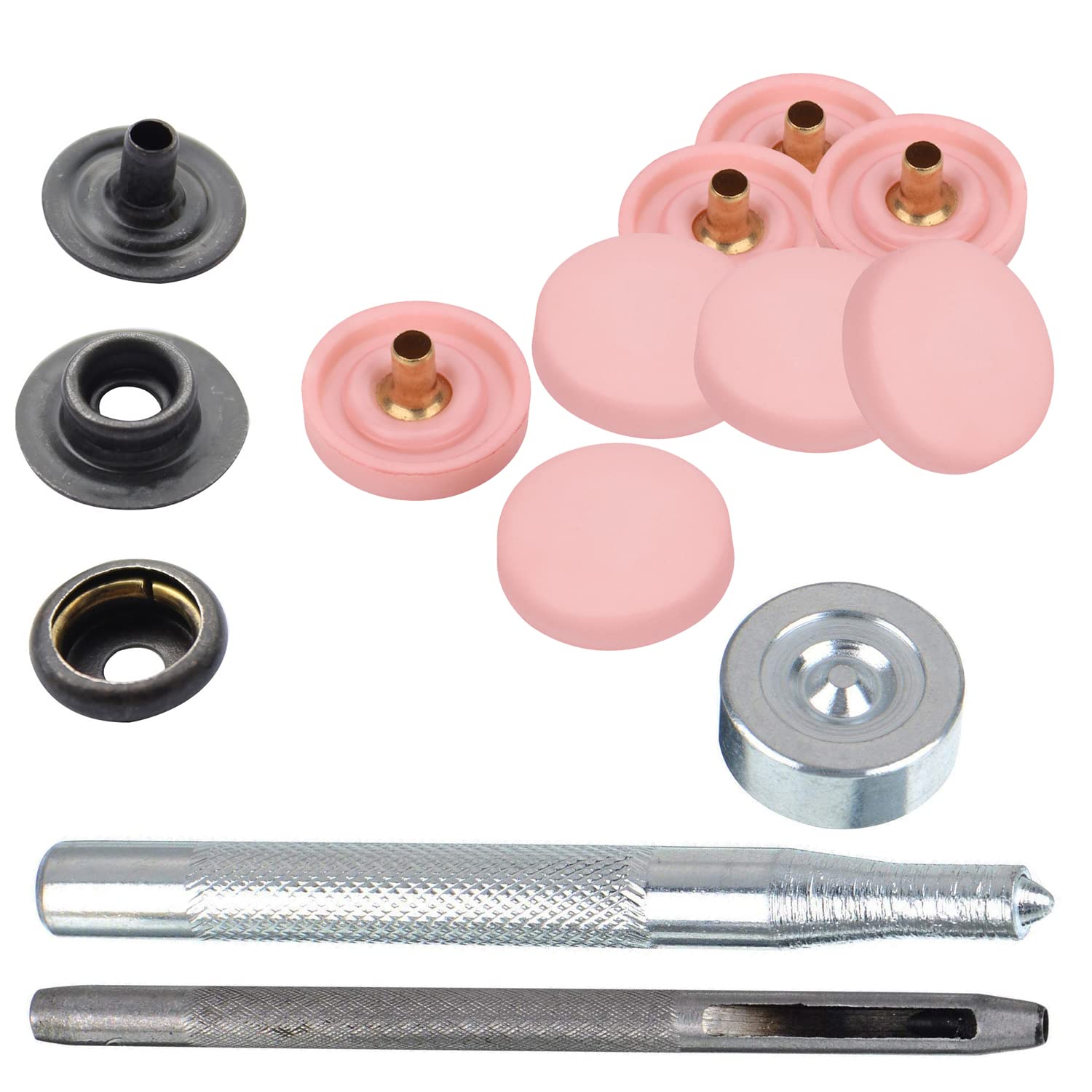 WedDecor Pernos de presión sin costuras, sujetadores duraderos con cierre a mano, tapa de plástico con broches de metal para bolsos, jeans, ropa, tela, artesanías de cuero, oro rosa, 500 piezas