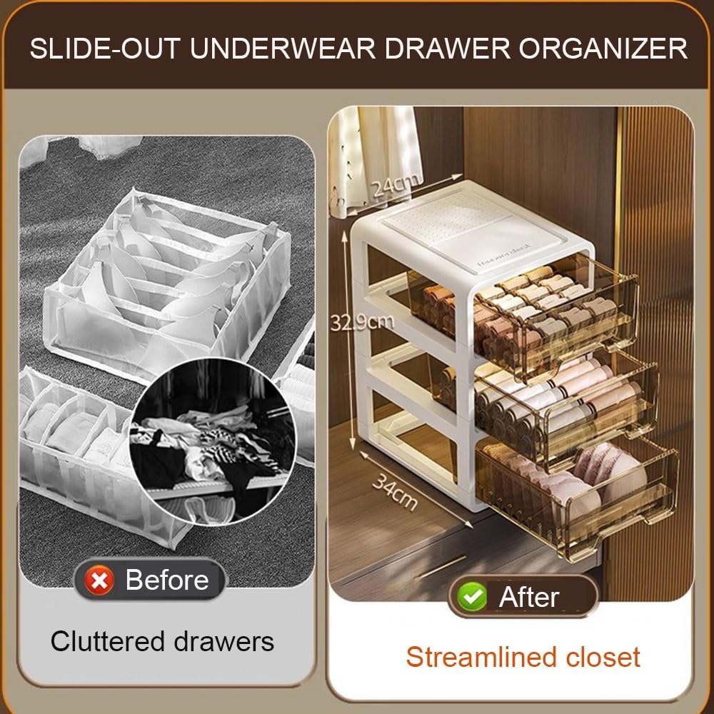 Organiseur de tiroir en plastique transparent pour vêtements, boîte de rangement empilable pour chaussettes, soutiens-gorge, sous-vêtements, accessoires, cravates et écharpes, design à 2 niveaux
