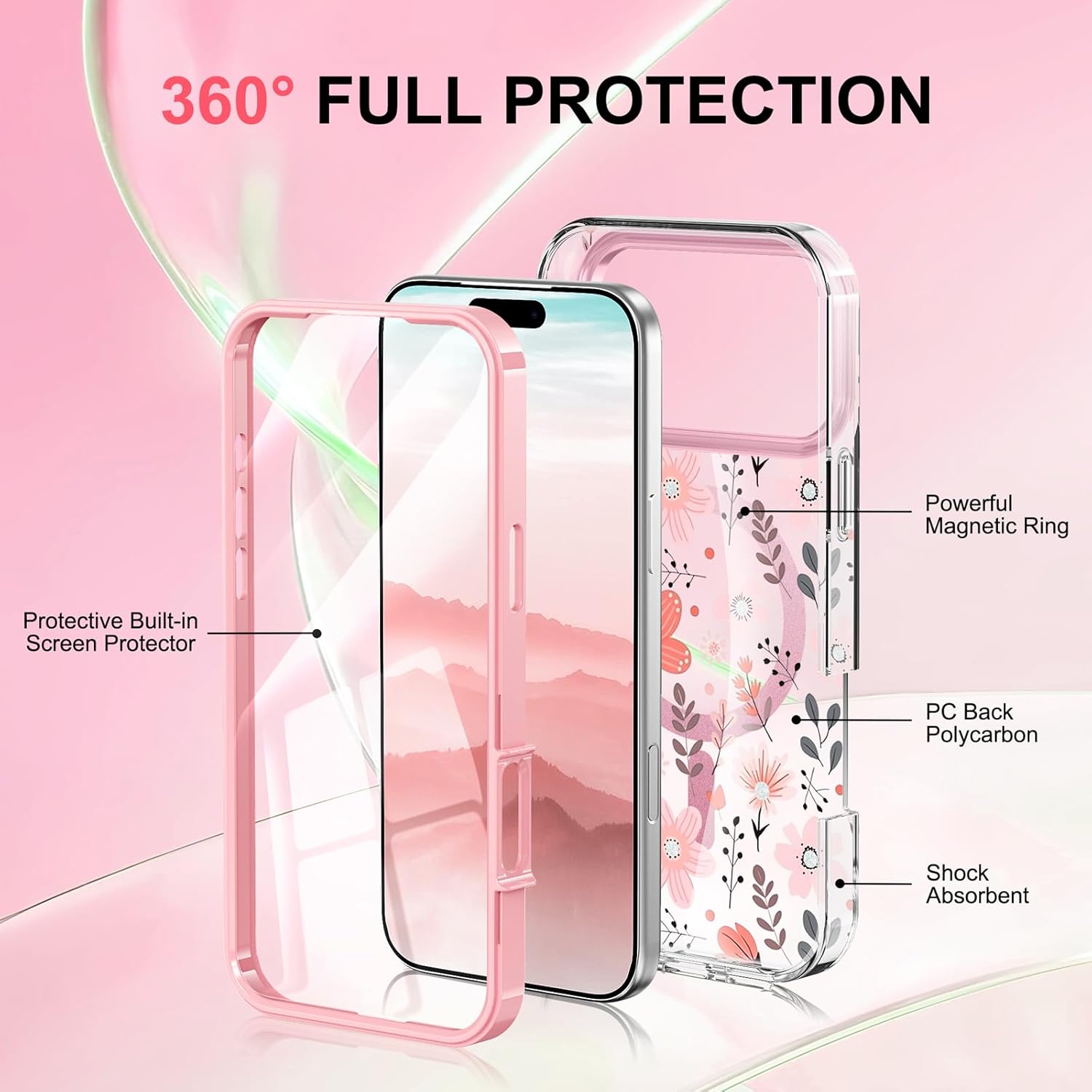 STERKER Designed for iPhone 17 Pro Max Case 6.9" [Compatible with Magnetic] [Built-in Screen Protector] Full Body Rugged Drop Proof 17 ProMax Cover - Floral Whimsy Pink