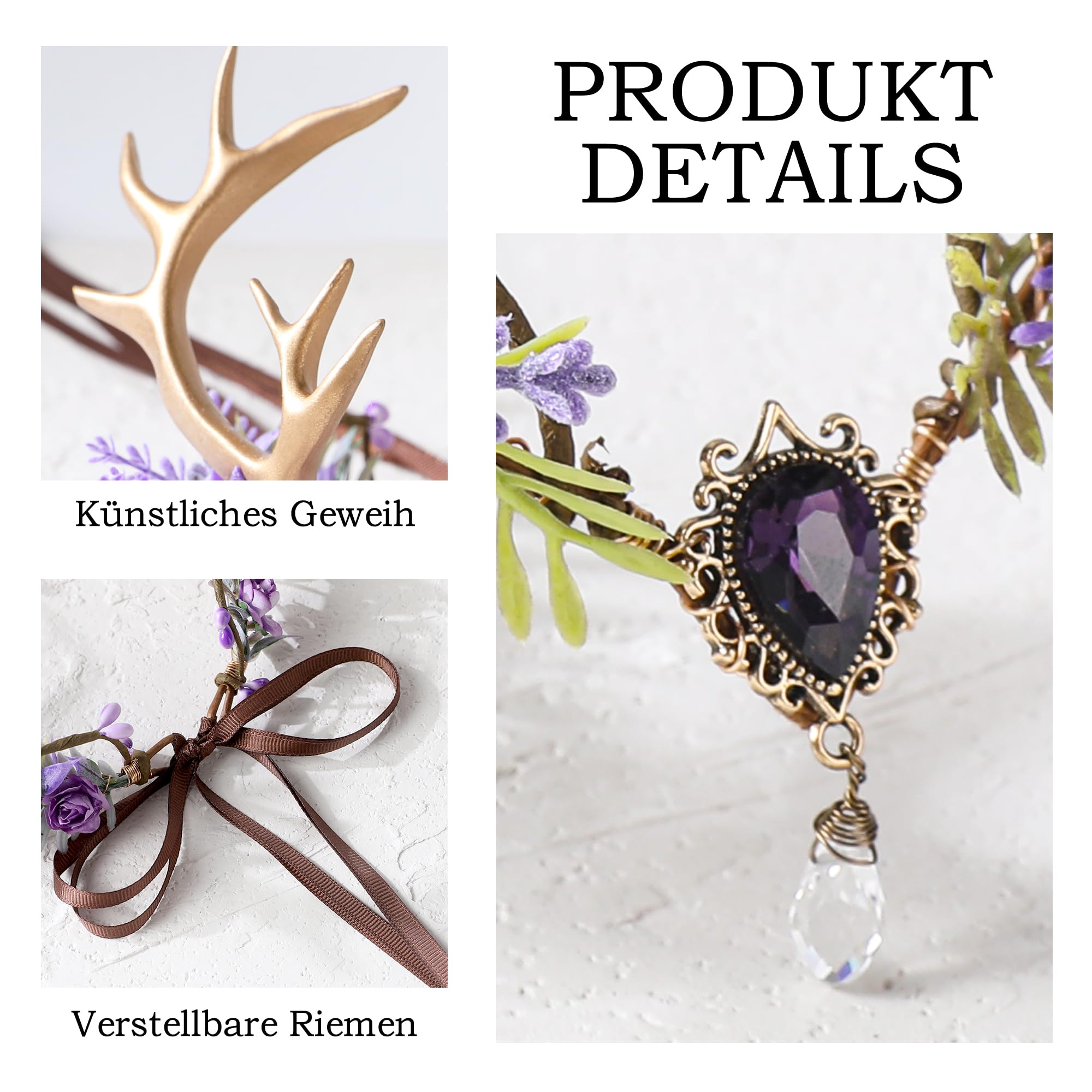MOSTORY Geweih Kopfschmuck Elfe für Feen Accessoires Damen, Lila Haarschmuck mit Blumen und Edelsteine für Cosplay Faschingskostüme