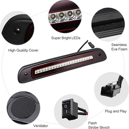 Miniatura 6 de Tercera luz de freno LED compatible con Tundra 2000-2006, luz de freno central trasera de montaje alto, lámpara de carga estroboscópica estilo F1,