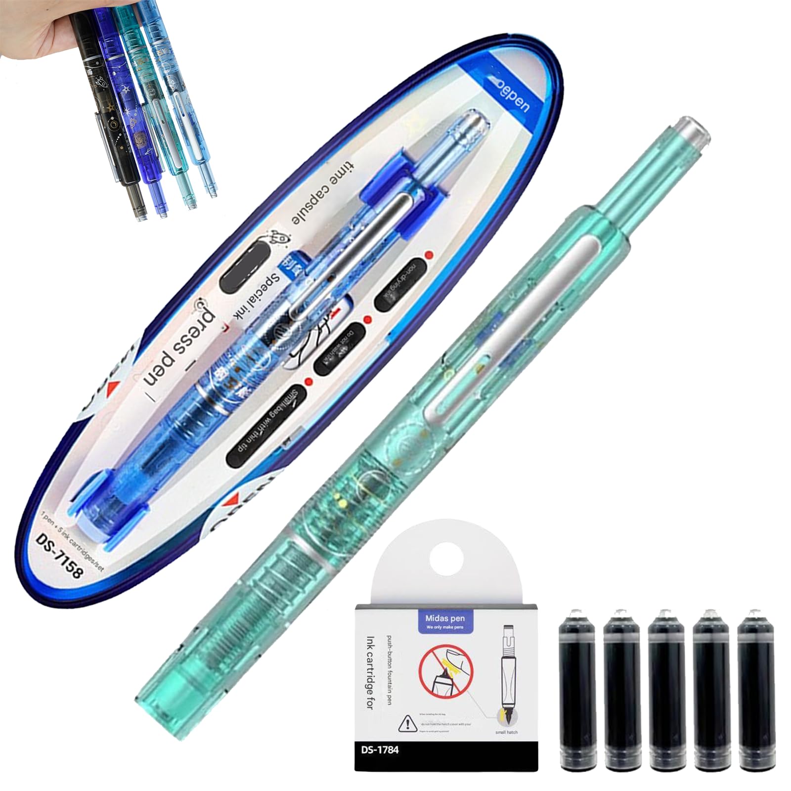 Qosneoun Retractable Fountain Pen, Refillable Fountain Pen, 0.38mm Blue&Black Ink Transparent Barrel Includes 5 Refillable Ink Cartridges for Smooth Writing No Leaking (Green, Erasable ink blue)
