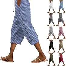 Capri Pants for Women Casual Striped Linen Pants Loose Fit Drawstring Trousers High Waist Cropped Trousers