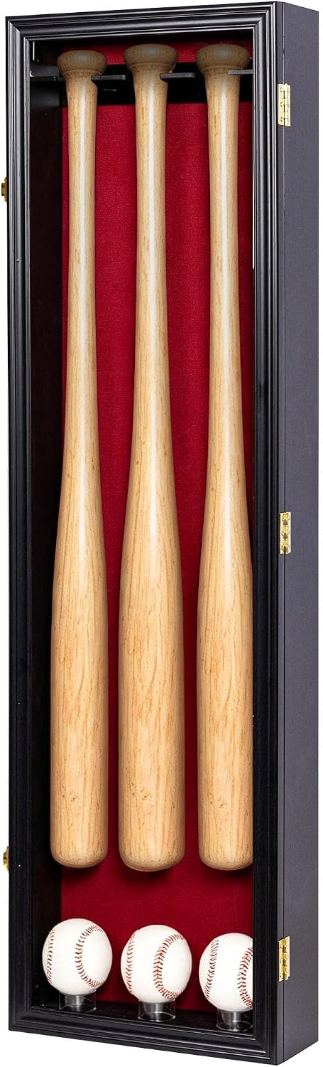 DisplayGifts Baseball Bat Display Case for 3 Bats, Vertical/Horizontal Wall Mount,Lockable Shadow Box with UV Protection, Baseball Bat Cabinet for Collectors, 38.5"x11.3"x4",Red Felt with Black Finish
