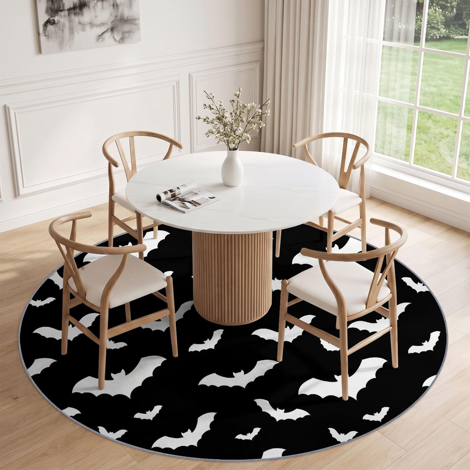 Tapis Rond Halloween Gothique 200 cm, Chauves-Souris Silhouette Animaux Lavable en Machine pour Salon, Noir Antidérapant, Poil Court Tapis Rond Imprimé pour Chambre d’Enfant Nurserie