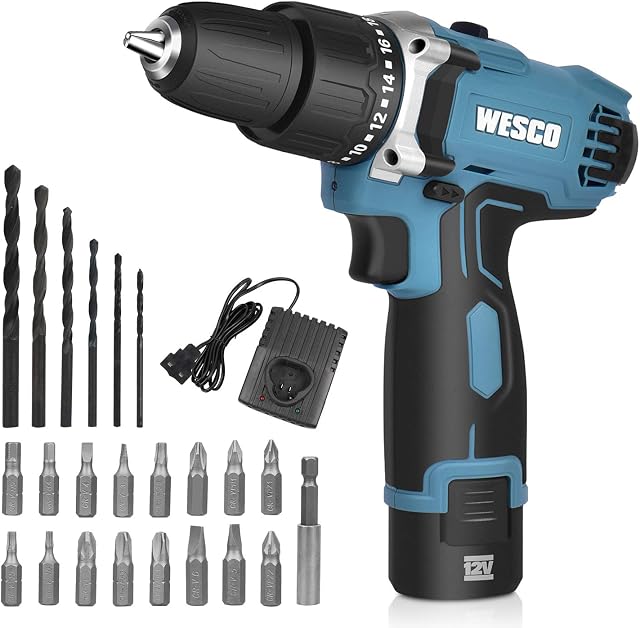 WESCO Cordless Drill & Screwdriver, 12V Impact Driver with LED Light and 23 Accessories, max. Torque: 25Nm, 21 + 1 +1 Torque Levels,10mm Keyless Chuck, 2 Variable Speed: 0-350/0-1350/min